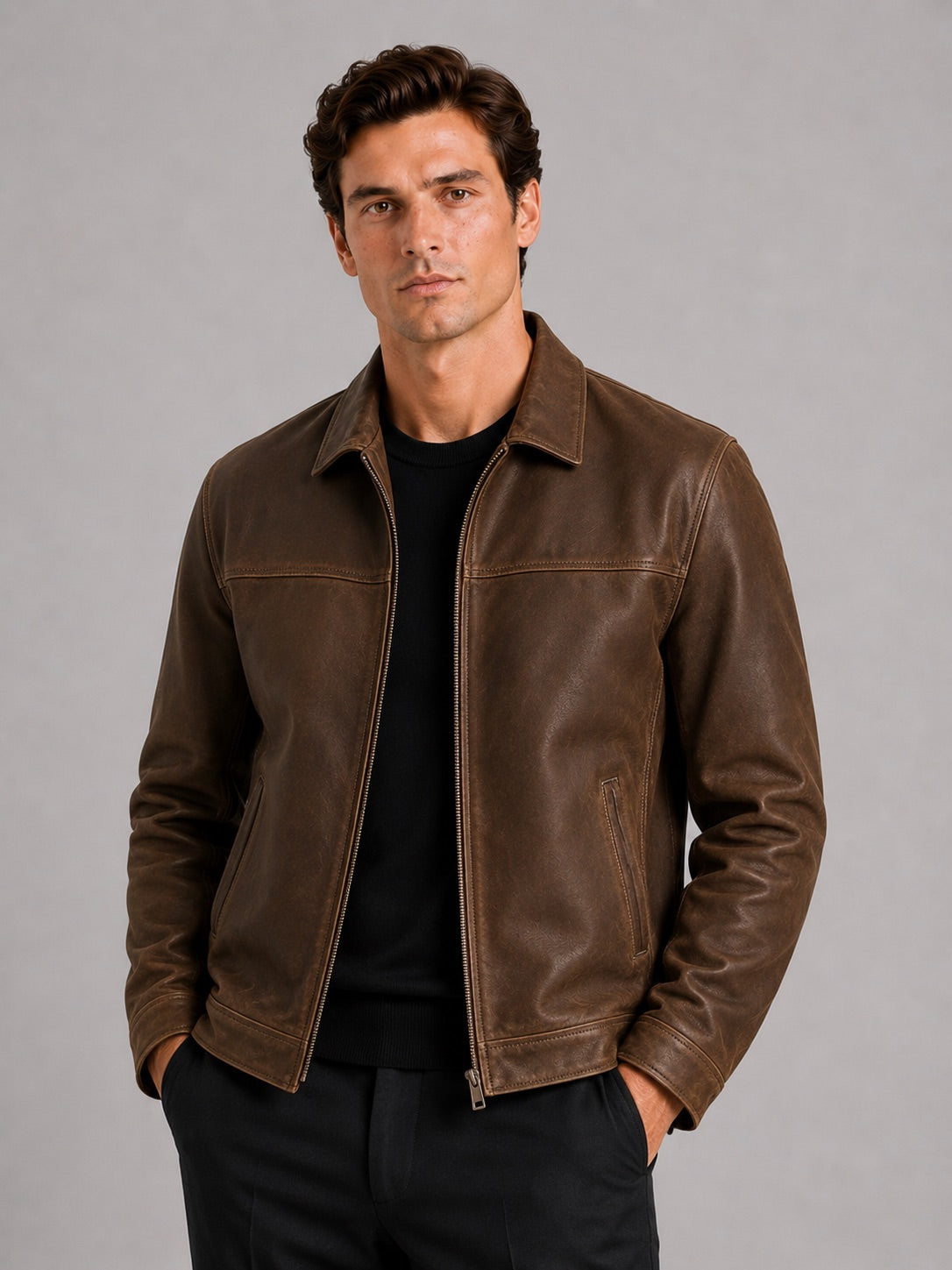 Men’s Leather Flight Jacket Zip-Up Loose Fit Spring Autumn Jacket for Everyday and Streetwear
