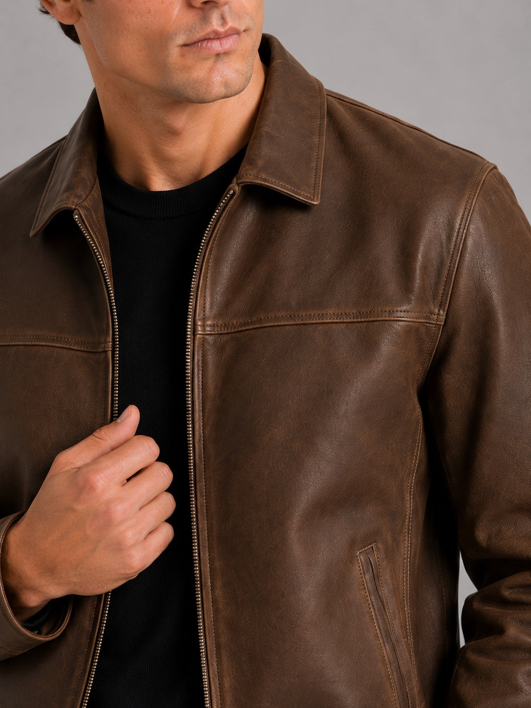 Men’s Leather Flight Jacket Zip-Up Loose Fit Spring Autumn Jacket for Everyday and Streetwear