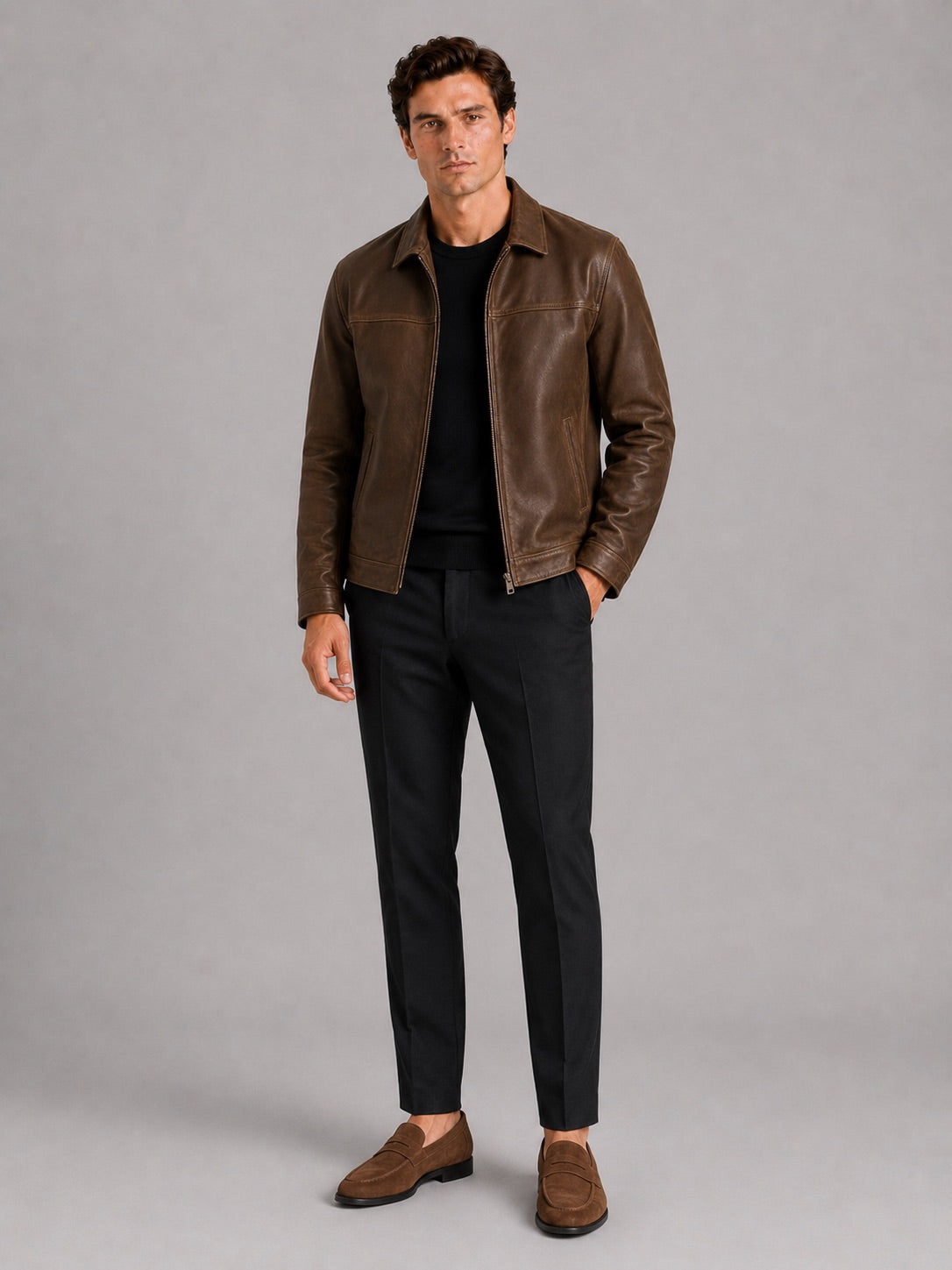Men’s Leather Flight Jacket Zip-Up Loose Fit Spring Autumn Jacket for Everyday and Streetwear