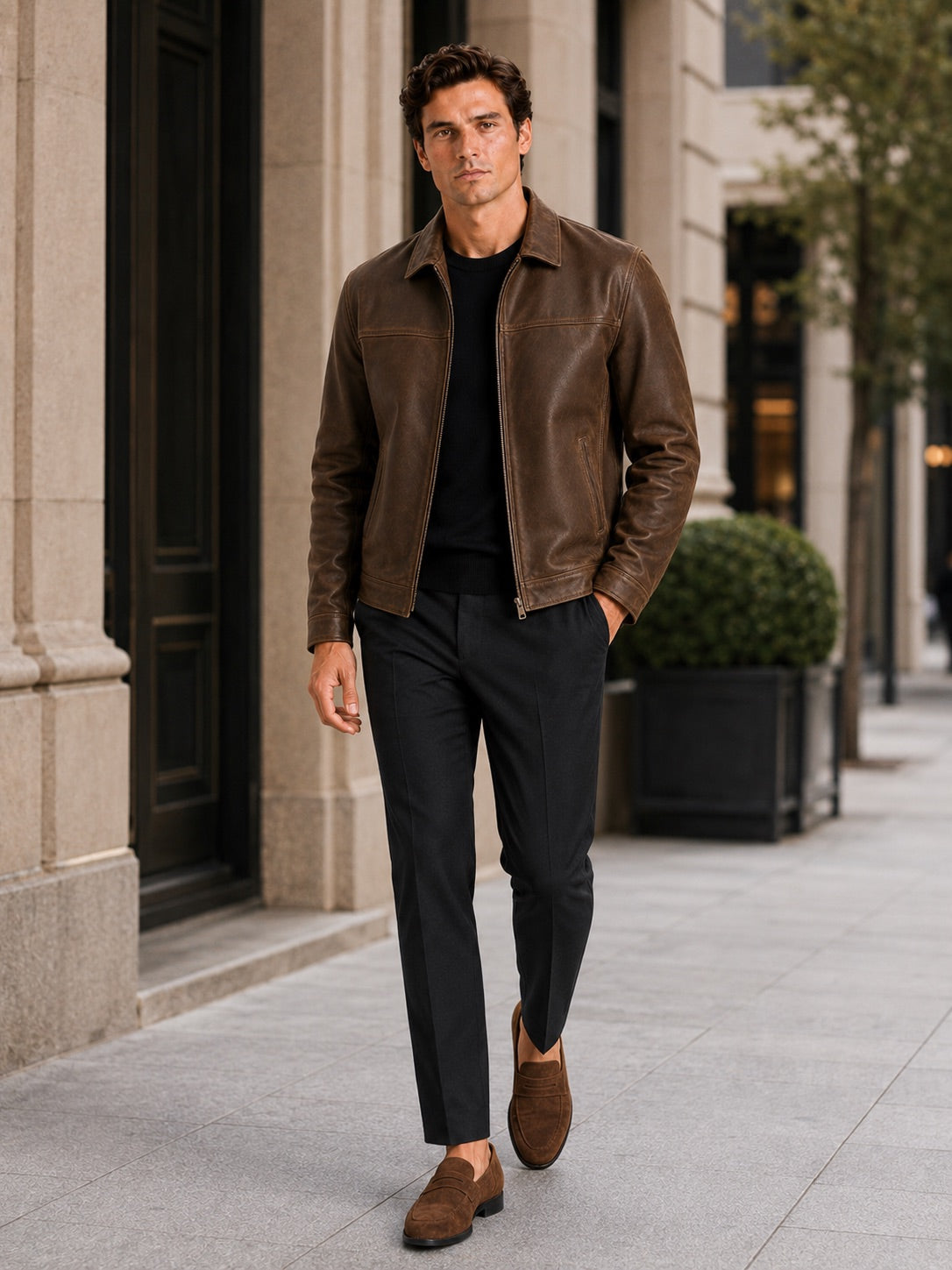 Men’s Leather Flight Jacket Zip-Up Loose Fit Spring Autumn Jacket for Everyday and Streetwear