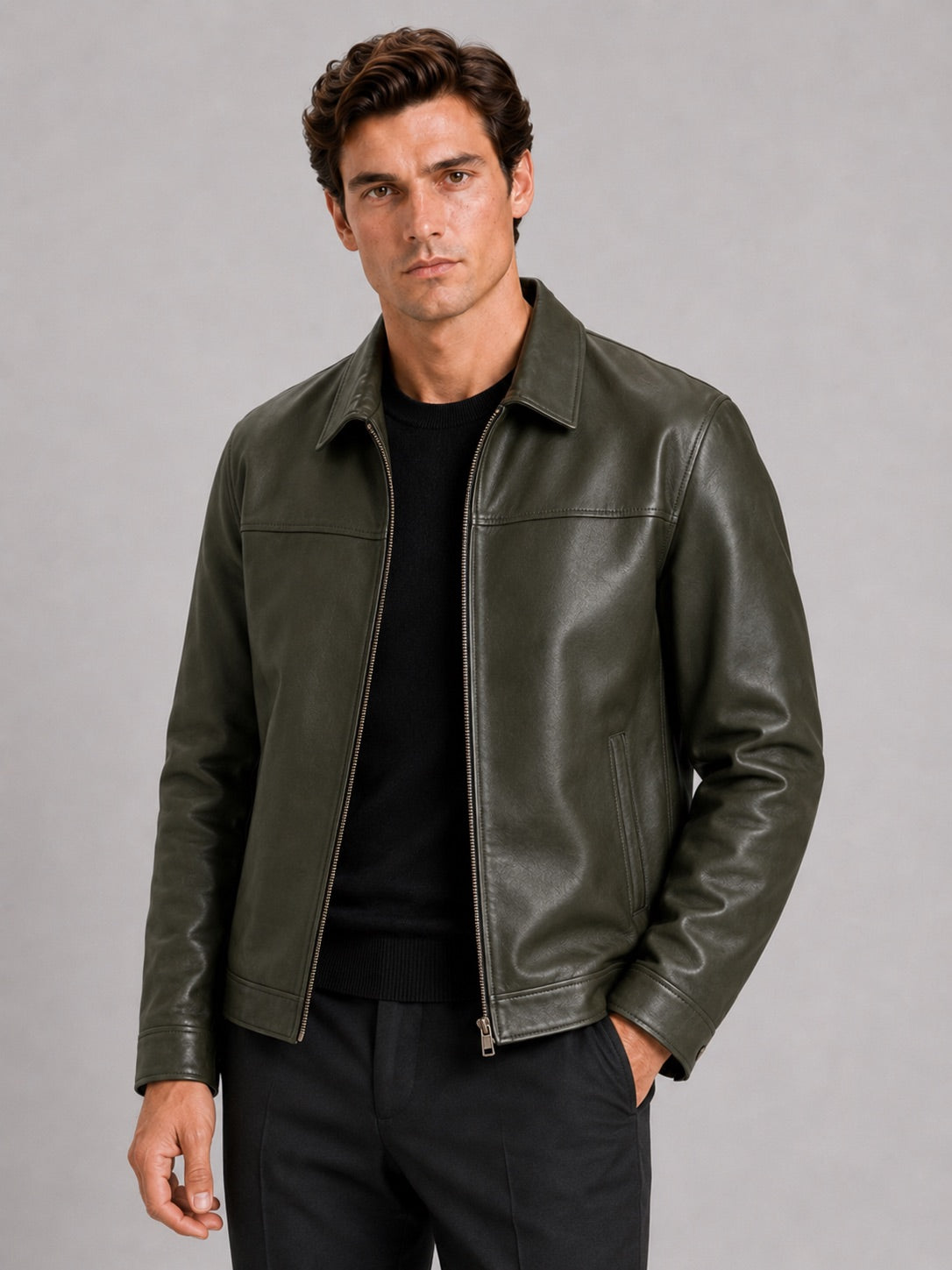 Men’s Leather Flight Jacket Zip-Up Loose Fit Spring Autumn Jacket for Everyday and Streetwear