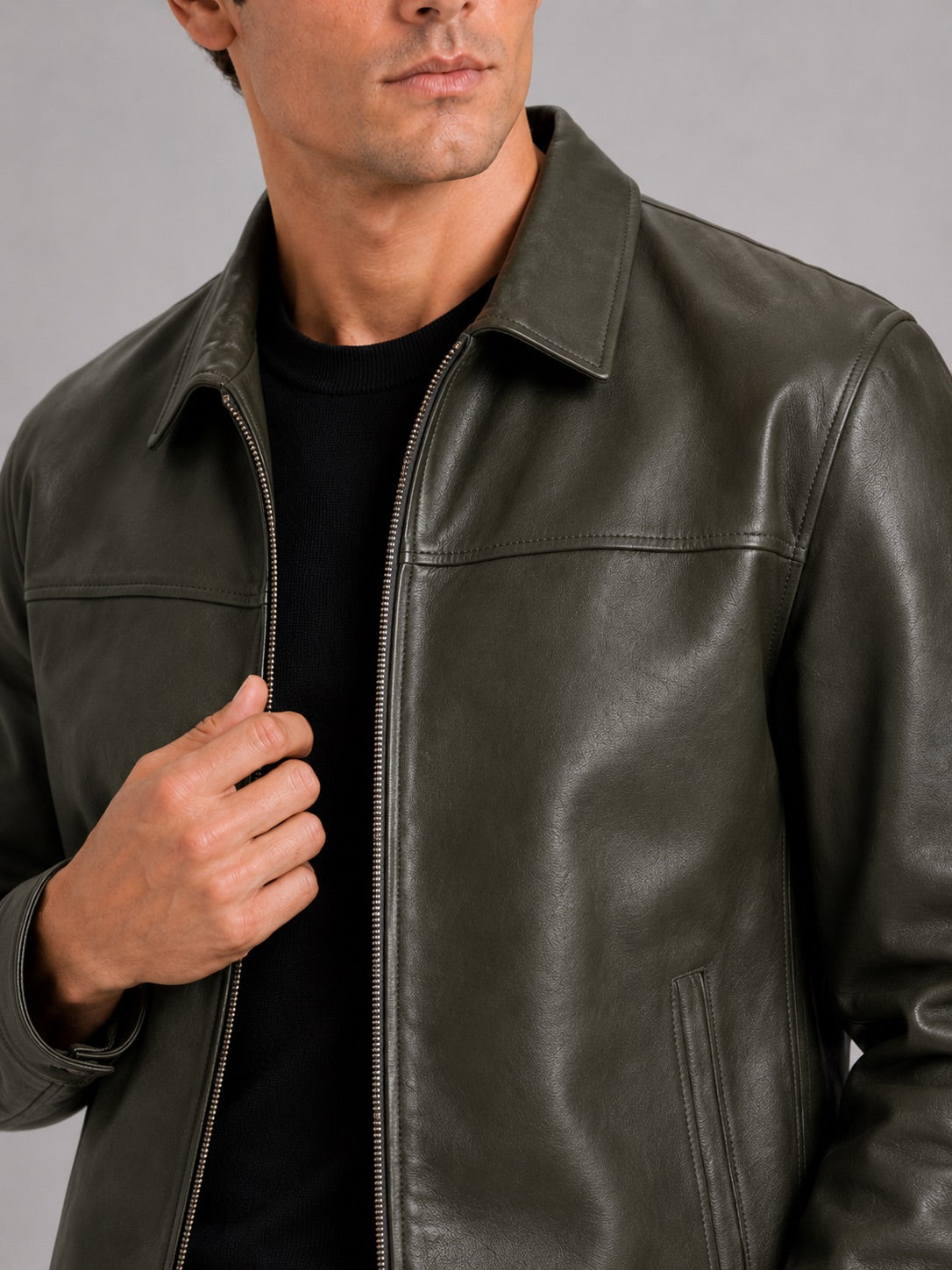Men’s Leather Flight Jacket Zip-Up Loose Fit Spring Autumn Jacket for Everyday and Streetwear