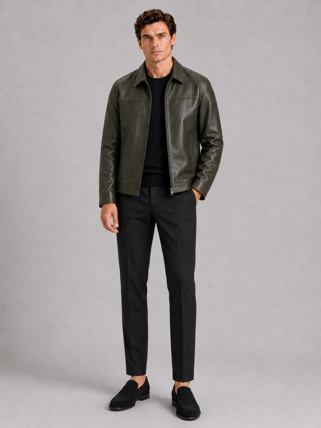Men’s Leather Flight Jacket Zip-Up Loose Fit Spring Autumn Jacket for Everyday and Streetwear