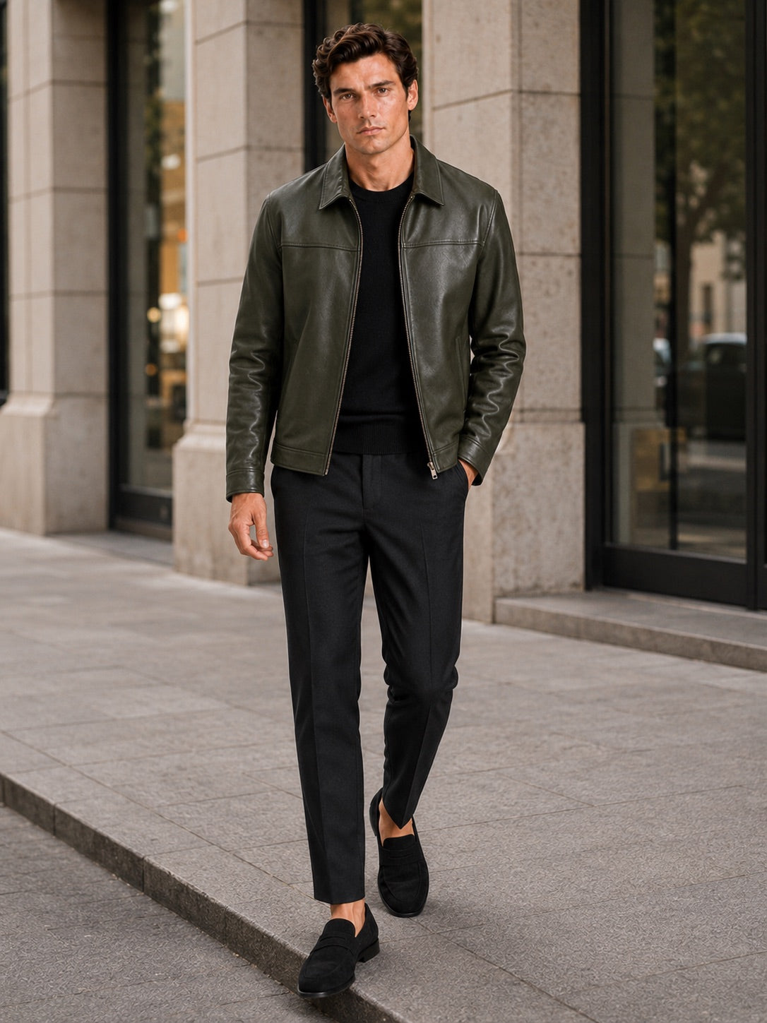 Men’s Leather Flight Jacket Zip-Up Loose Fit Spring Autumn Jacket for Everyday and Streetwear