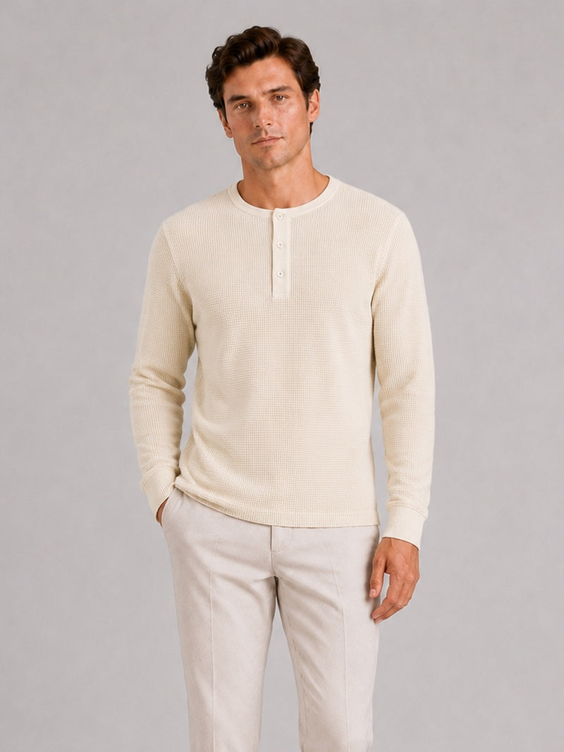 Men’s Waffle Knit Henley Shirt Long Sleeve Lightweight Textured Casual Top Breathable Essential for Layering and Weekend Wear