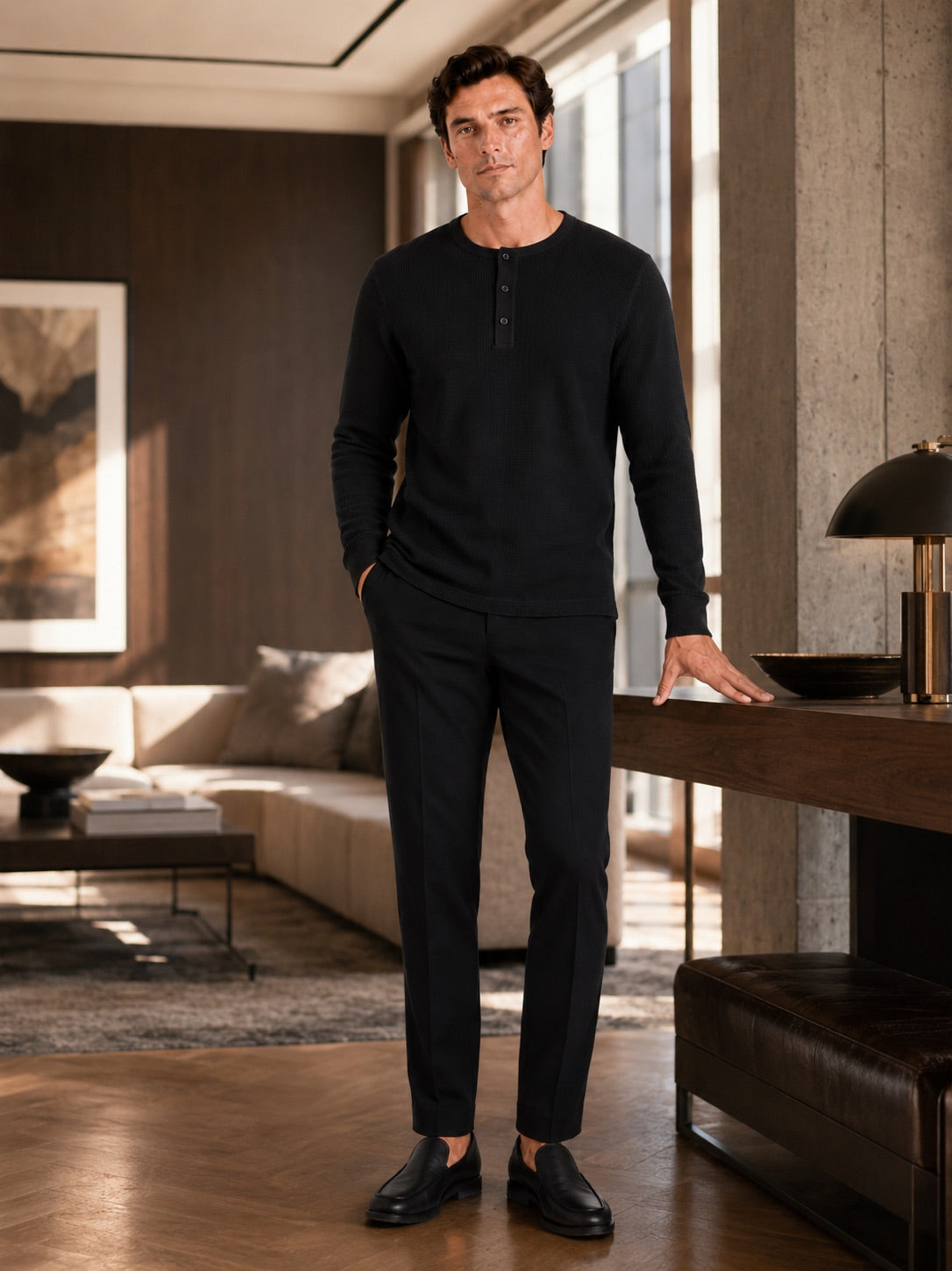 Men’s Waffle Knit Henley Shirt Long Sleeve Lightweight Textured Casual Top Breathable Essential for Layering and Weekend Wear