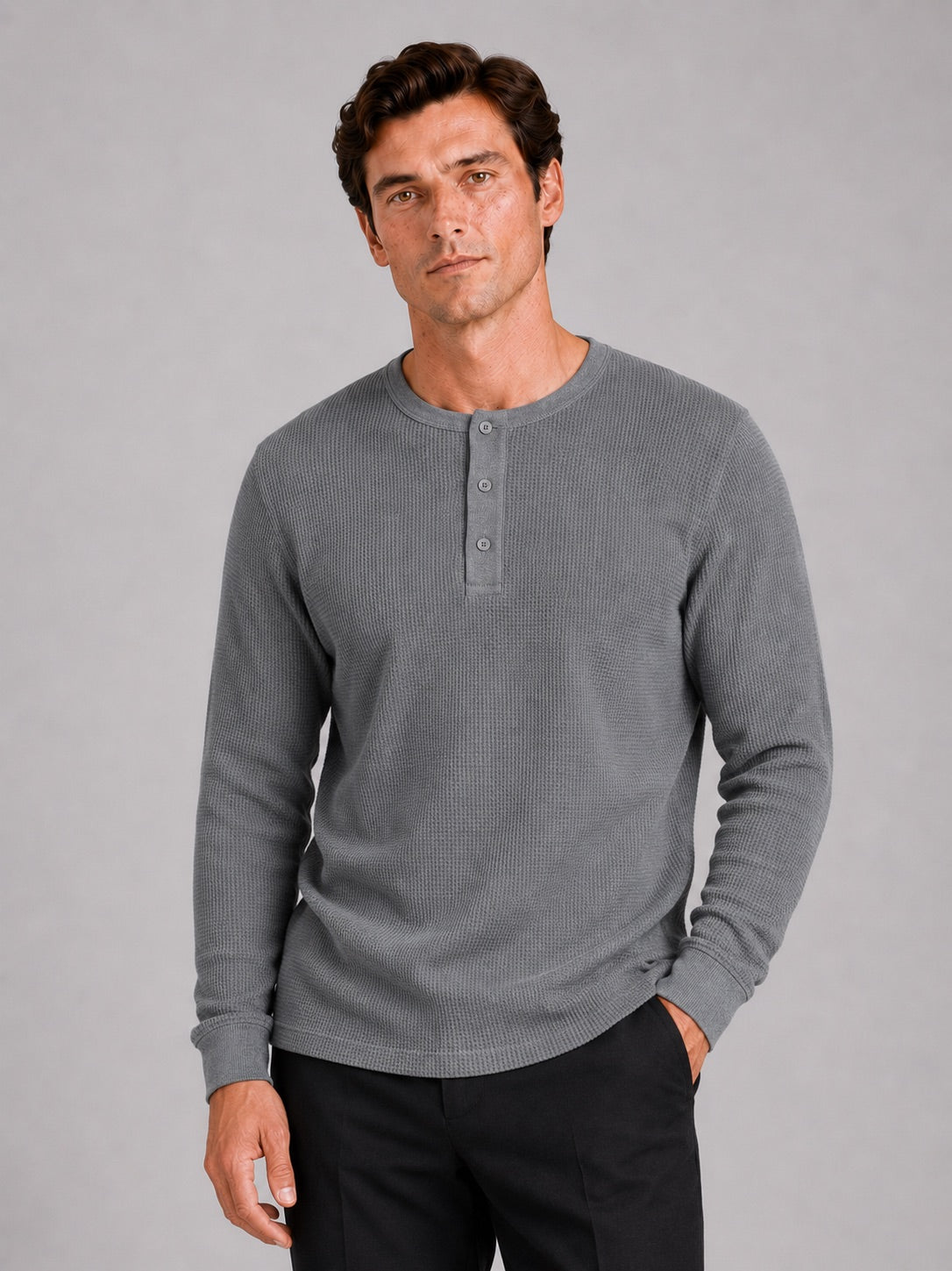Men’s Waffle Knit Henley Shirt Long Sleeve Lightweight Textured Casual Top Breathable Essential for Layering and Weekend Wear