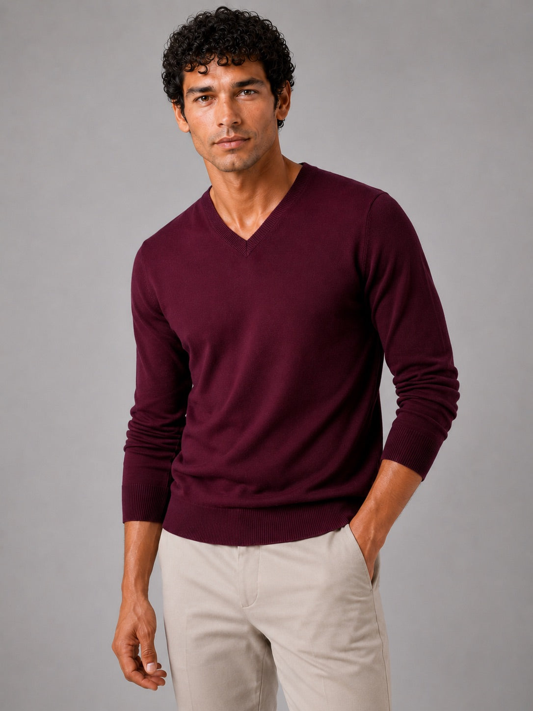 Men’s V-Neck Knit Jumper Slim Fit Long Sleeve Lightweight Autumn Pullover for Business Casual and Everyday Wear