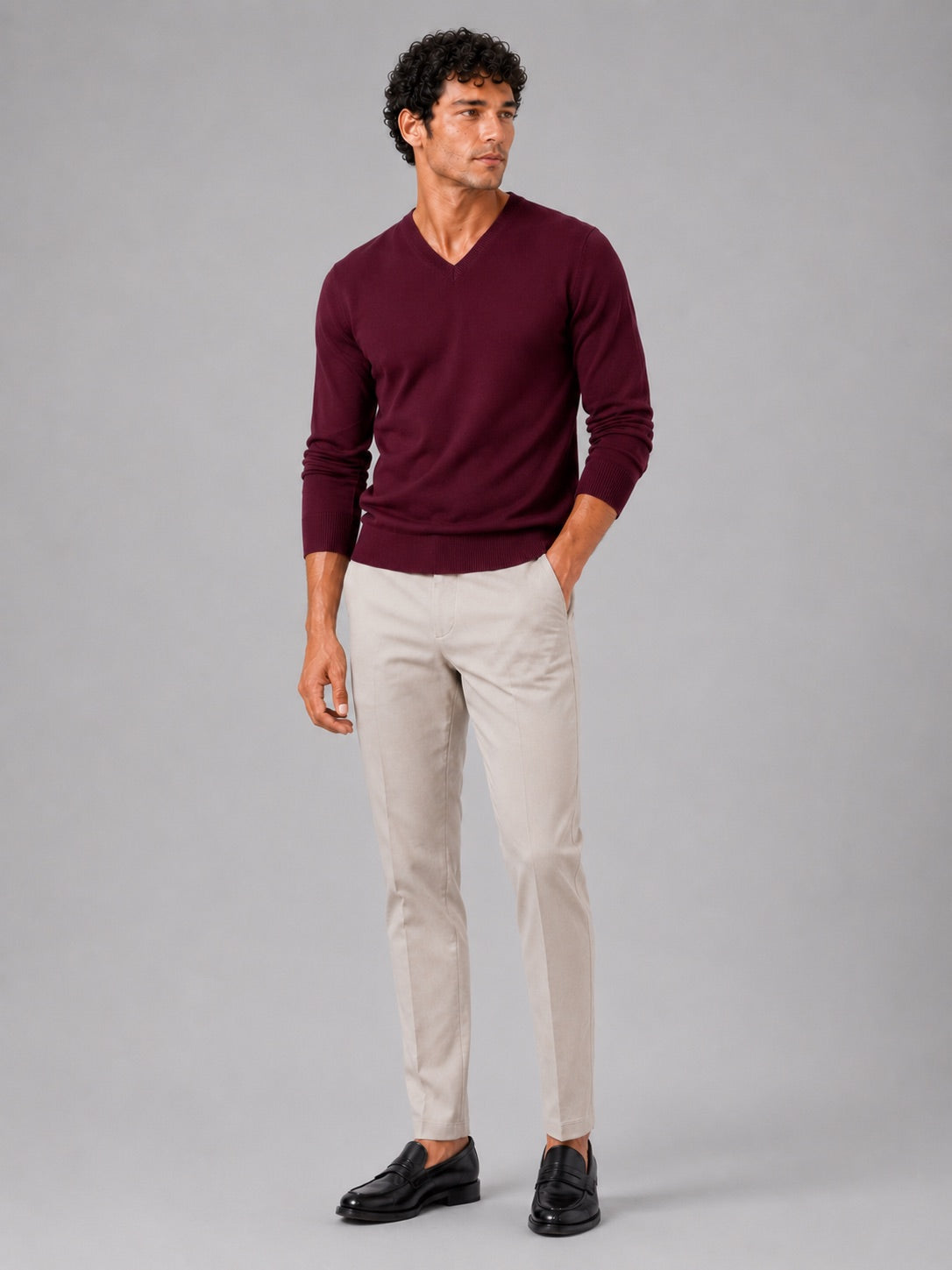 Men’s V-Neck Knit Jumper Slim Fit Long Sleeve Lightweight Autumn Pullover for Business Casual and Everyday Wear