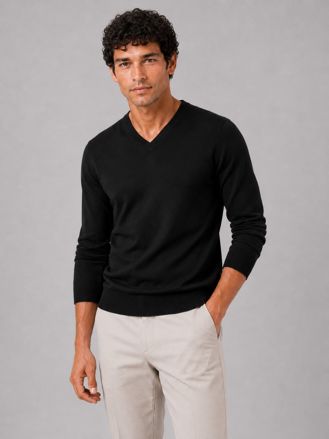 Men’s V-Neck Knit Jumper Slim Fit Long Sleeve Lightweight Autumn Pullover for Business Casual and Everyday Wear