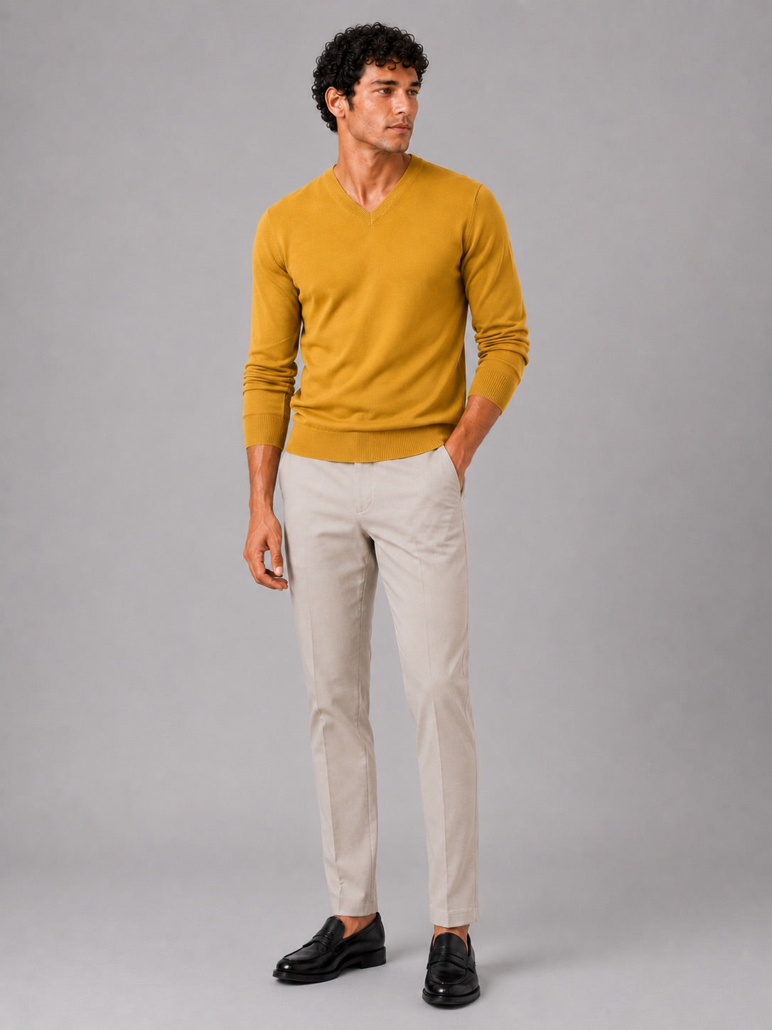 Men’s V-Neck Knit Jumper Slim Fit Long Sleeve Lightweight Autumn Pullover for Business Casual and Everyday Wear