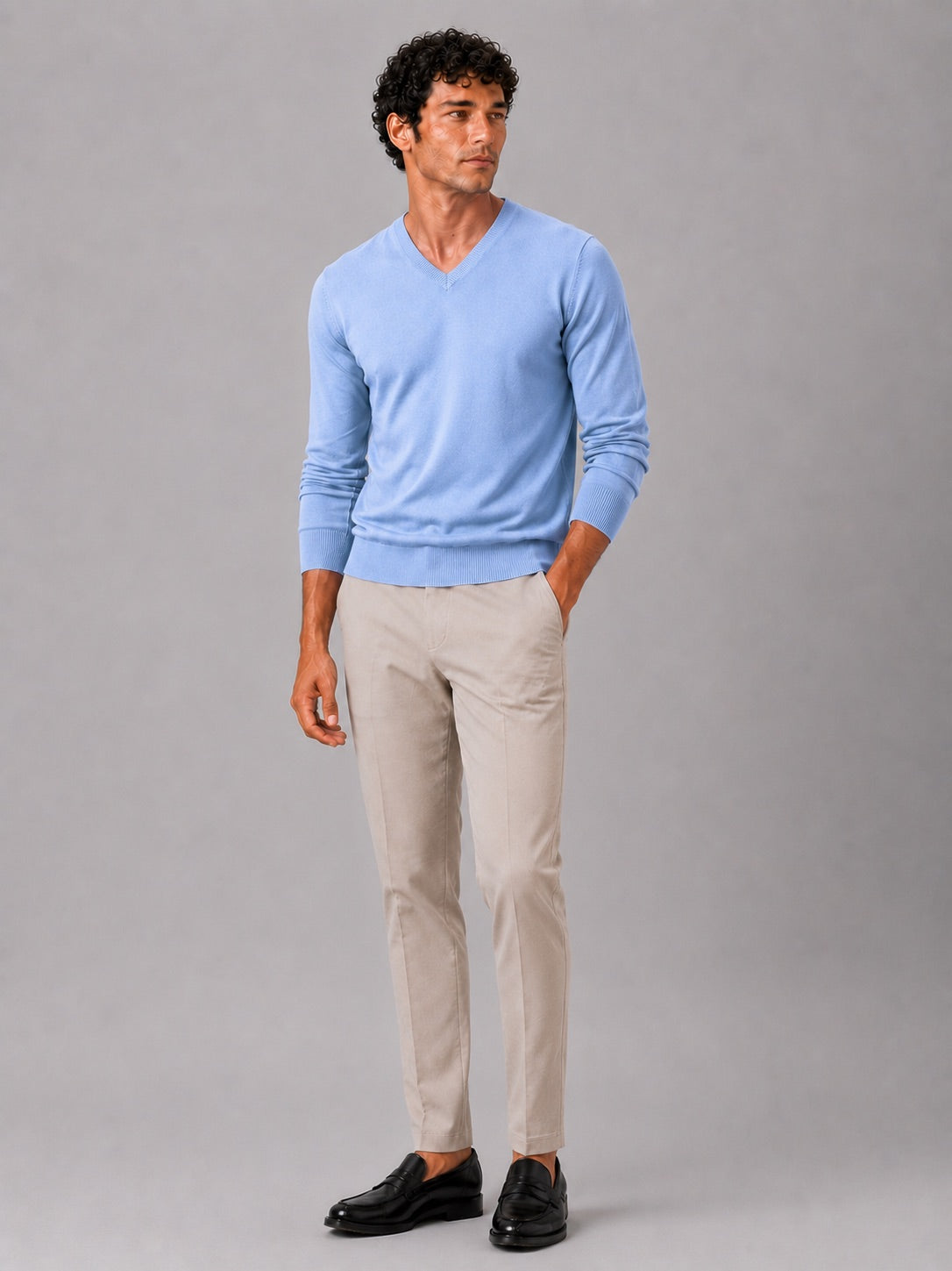 Men’s V-Neck Knit Jumper Slim Fit Long Sleeve Lightweight Autumn Pullover for Business Casual and Everyday Wear