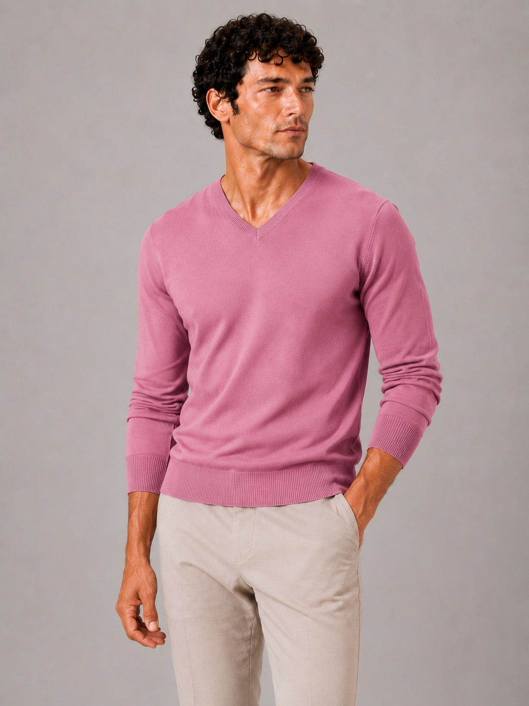 Men’s V-Neck Knit Jumper Slim Fit Long Sleeve Lightweight Autumn Pullover for Business Casual and Everyday Wear
