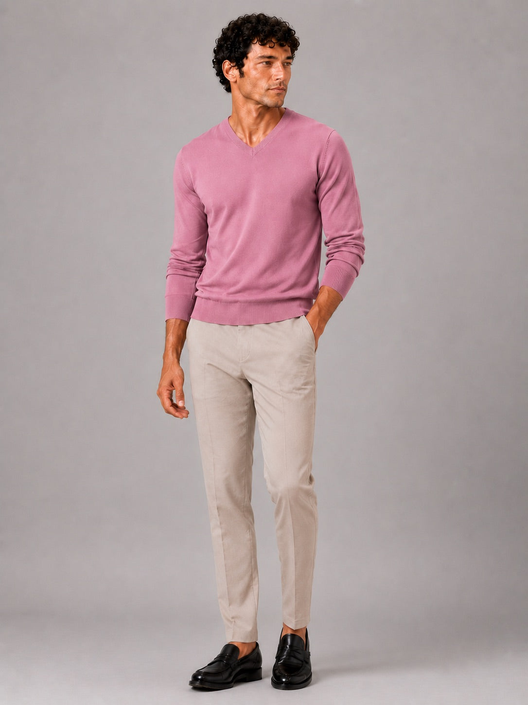 Men’s V-Neck Knit Jumper Slim Fit Long Sleeve Lightweight Autumn Pullover for Business Casual and Everyday Wear