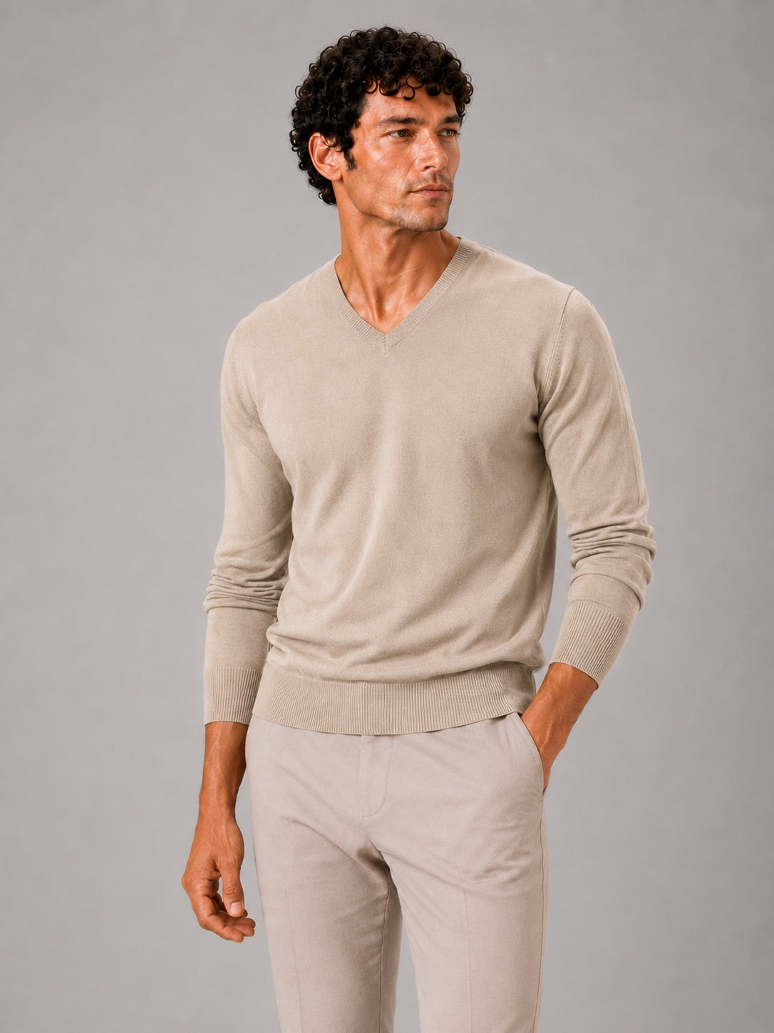 Men’s V-Neck Knit Jumper Slim Fit Long Sleeve Lightweight Autumn Pullover for Business Casual and Everyday Wear