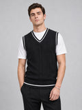 Men’s Sleeveless Jumper V-Neck Slim Fit Patchwork Knit Autumn Winter Layer for Business Casual and Everyday Wear