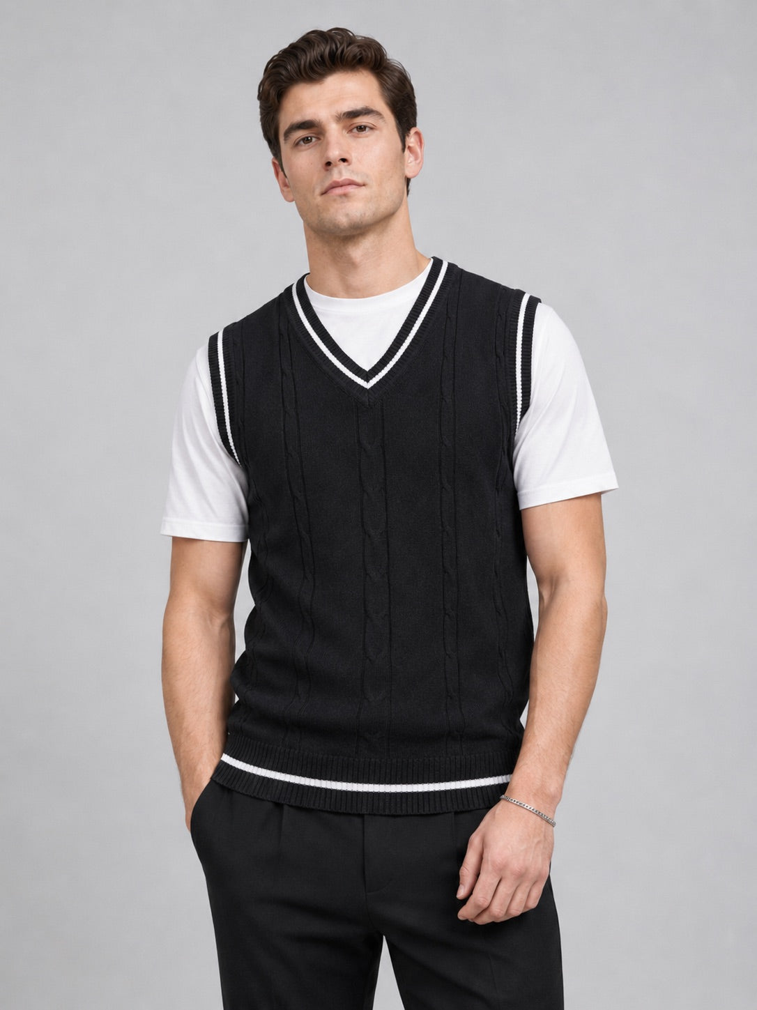 Men’s Sleeveless Jumper V-Neck Slim Fit Patchwork Knit Autumn Winter Layer for Business Casual and Everyday Wear