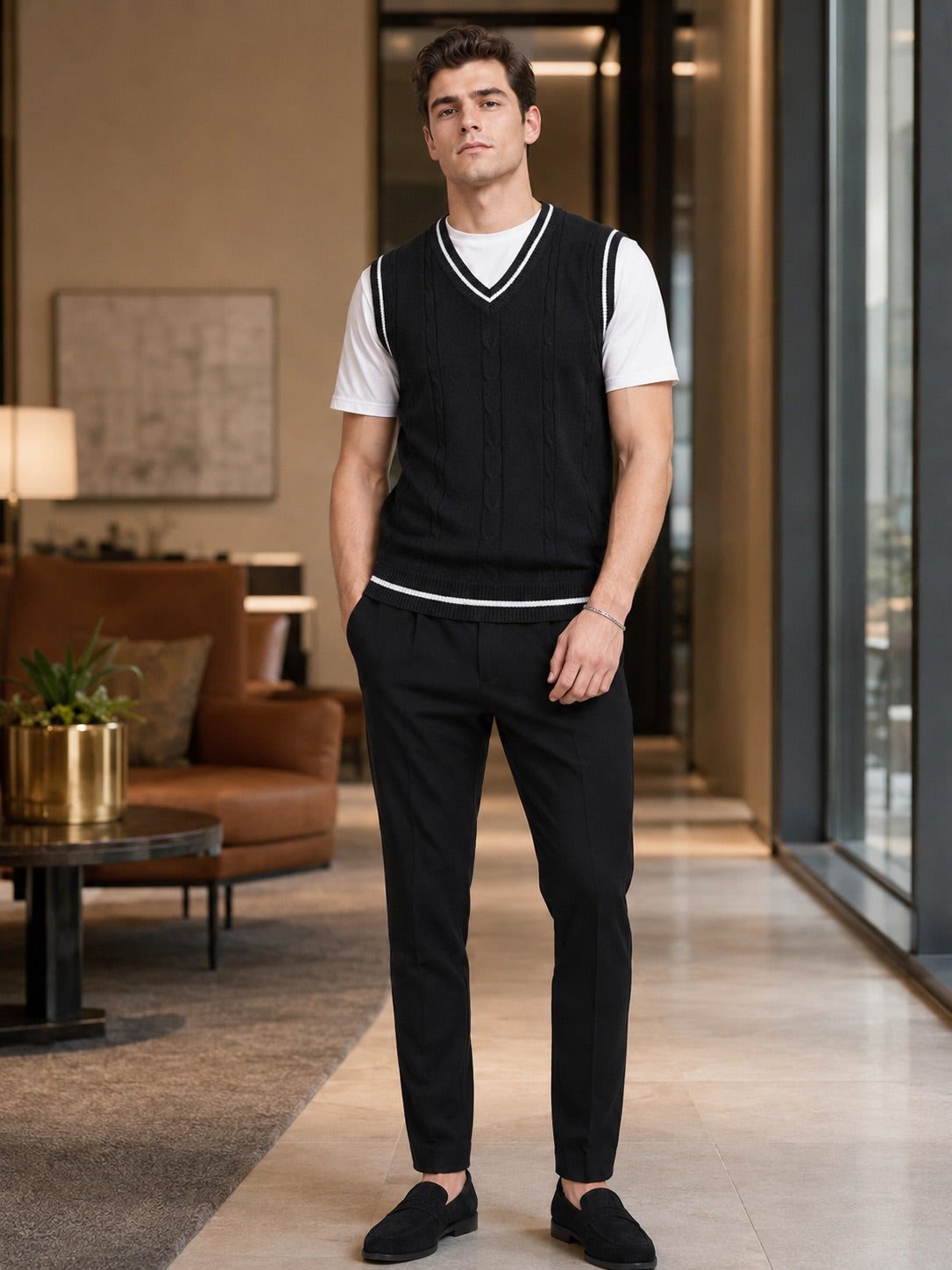 Men’s Sleeveless Jumper V-Neck Slim Fit Patchwork Knit Autumn Winter Layer for Business Casual and Everyday Wear
