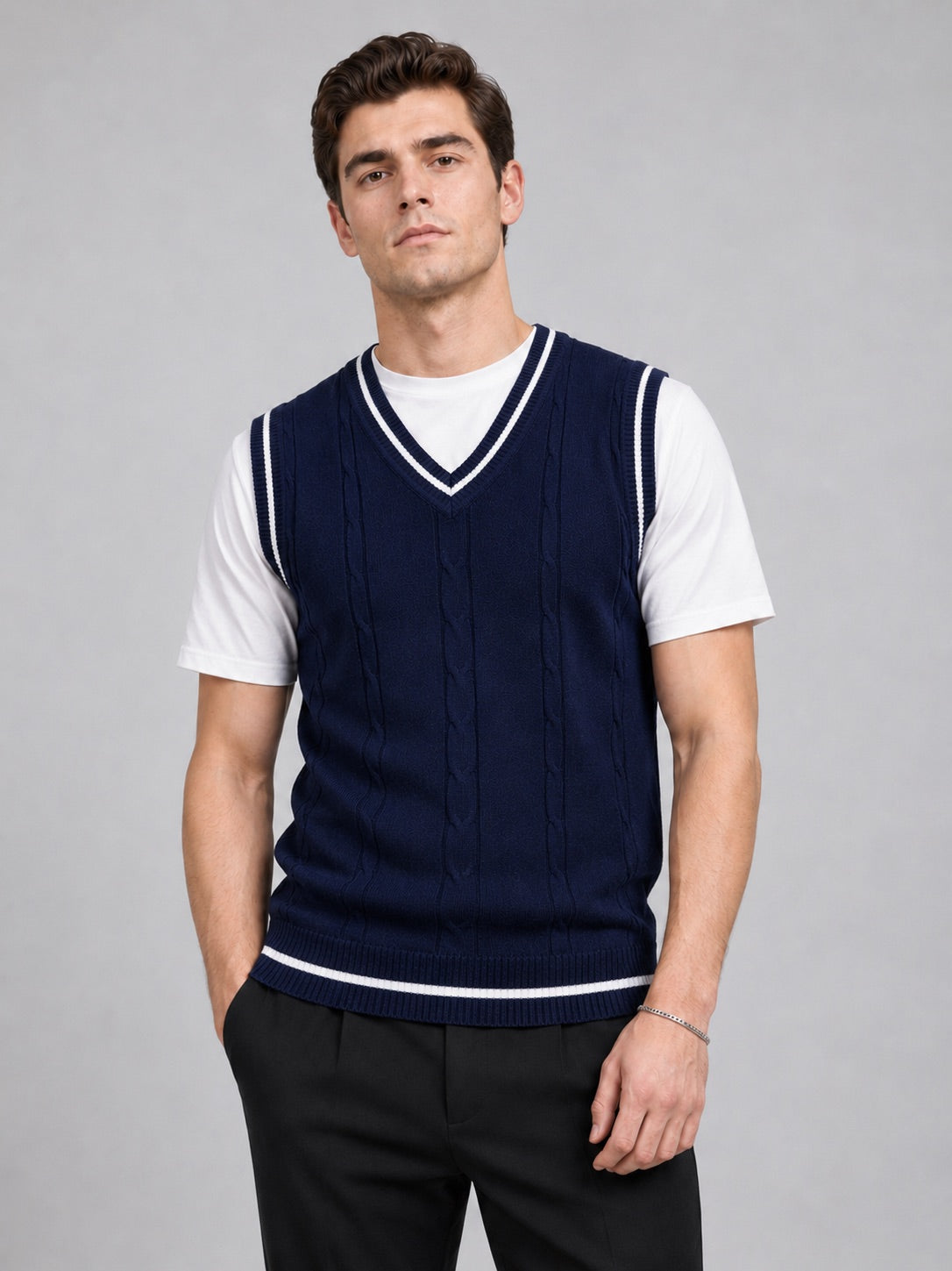 Men’s Sleeveless Jumper V-Neck Slim Fit Patchwork Knit Autumn Winter Layer for Business Casual and Everyday Wear