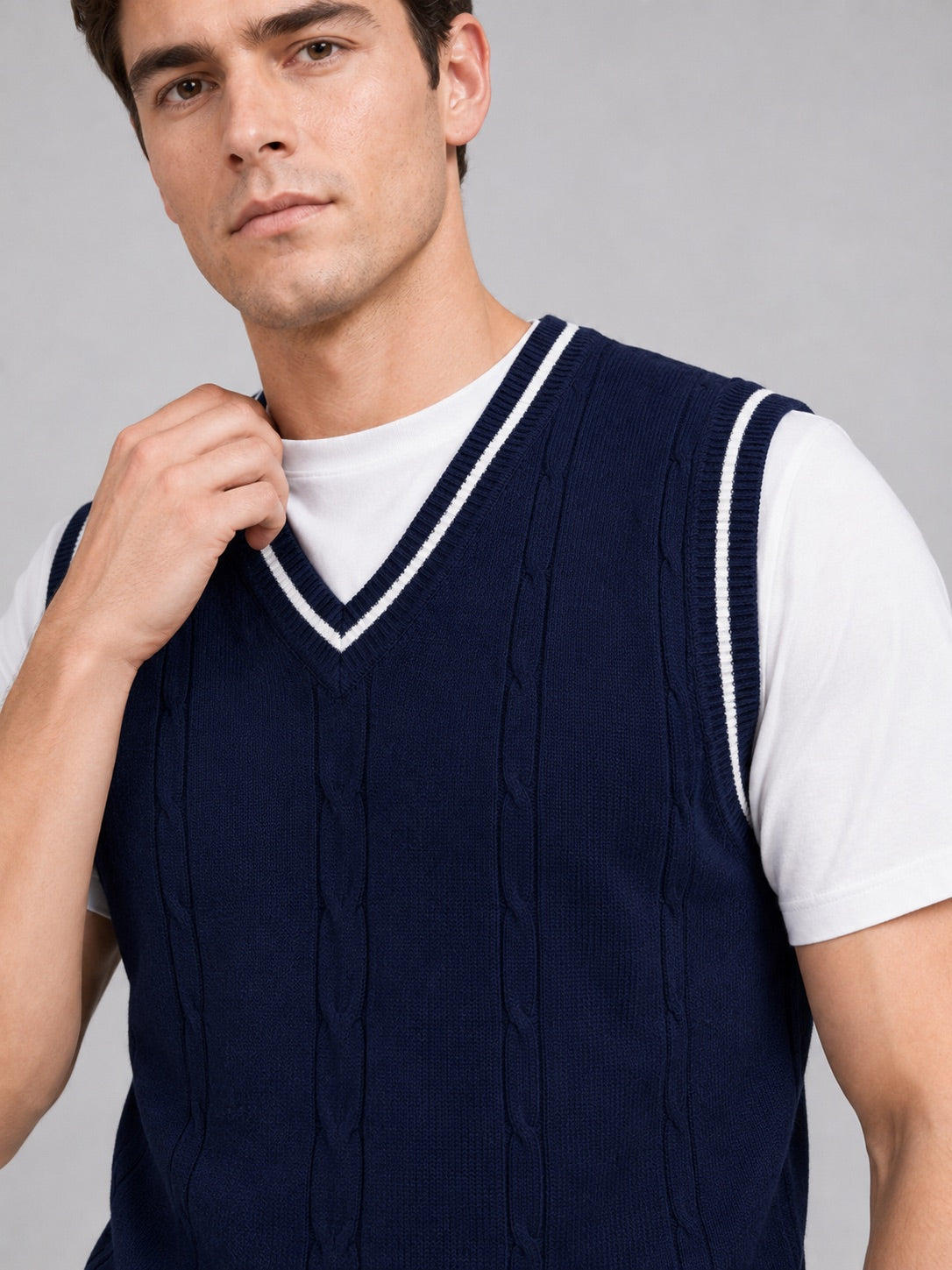 Men’s Sleeveless Jumper V-Neck Slim Fit Patchwork Knit Autumn Winter Layer for Business Casual and Everyday Wear