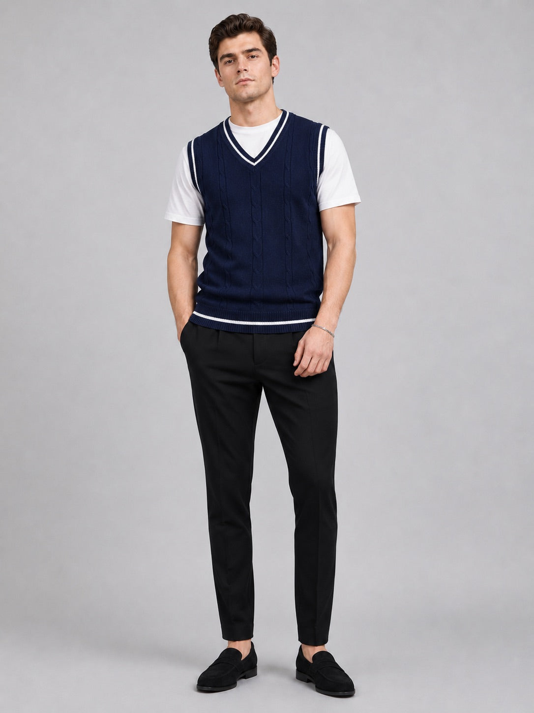 Men’s Sleeveless Jumper V-Neck Slim Fit Patchwork Knit Autumn Winter Layer for Business Casual and Everyday Wear