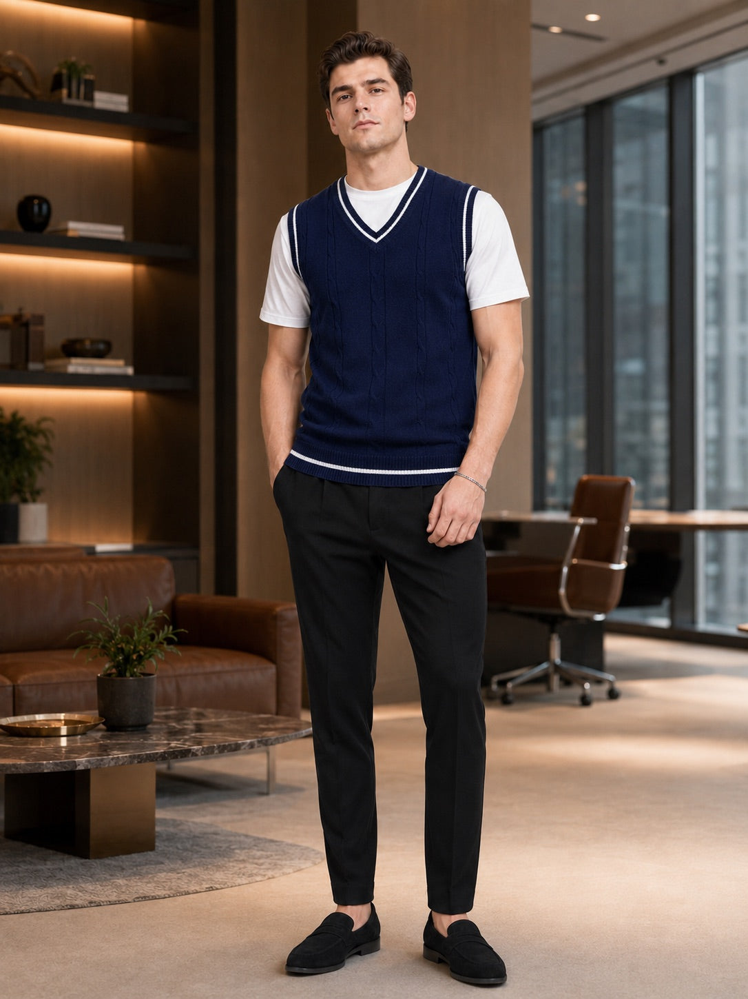 Men’s Sleeveless Jumper V-Neck Slim Fit Patchwork Knit Autumn Winter Layer for Business Casual and Everyday Wear