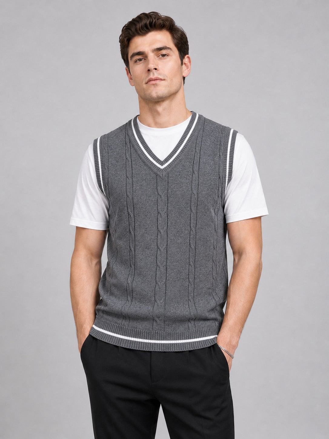 Men’s Sleeveless Jumper V-Neck Slim Fit Patchwork Knit Autumn Winter Layer for Business Casual and Everyday Wear