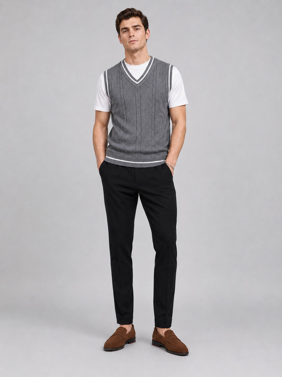 Men’s Sleeveless Jumper V-Neck Slim Fit Patchwork Knit Autumn Winter Layer for Business Casual and Everyday Wear