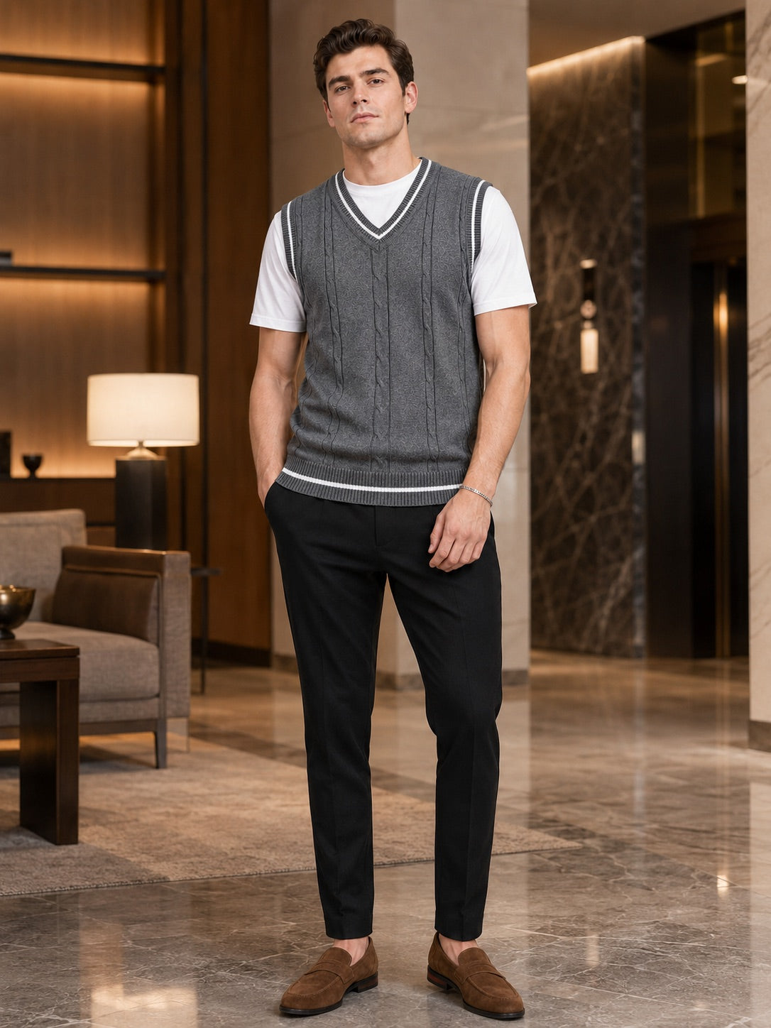 Men’s Sleeveless Jumper V-Neck Slim Fit Patchwork Knit Autumn Winter Layer for Business Casual and Everyday Wear