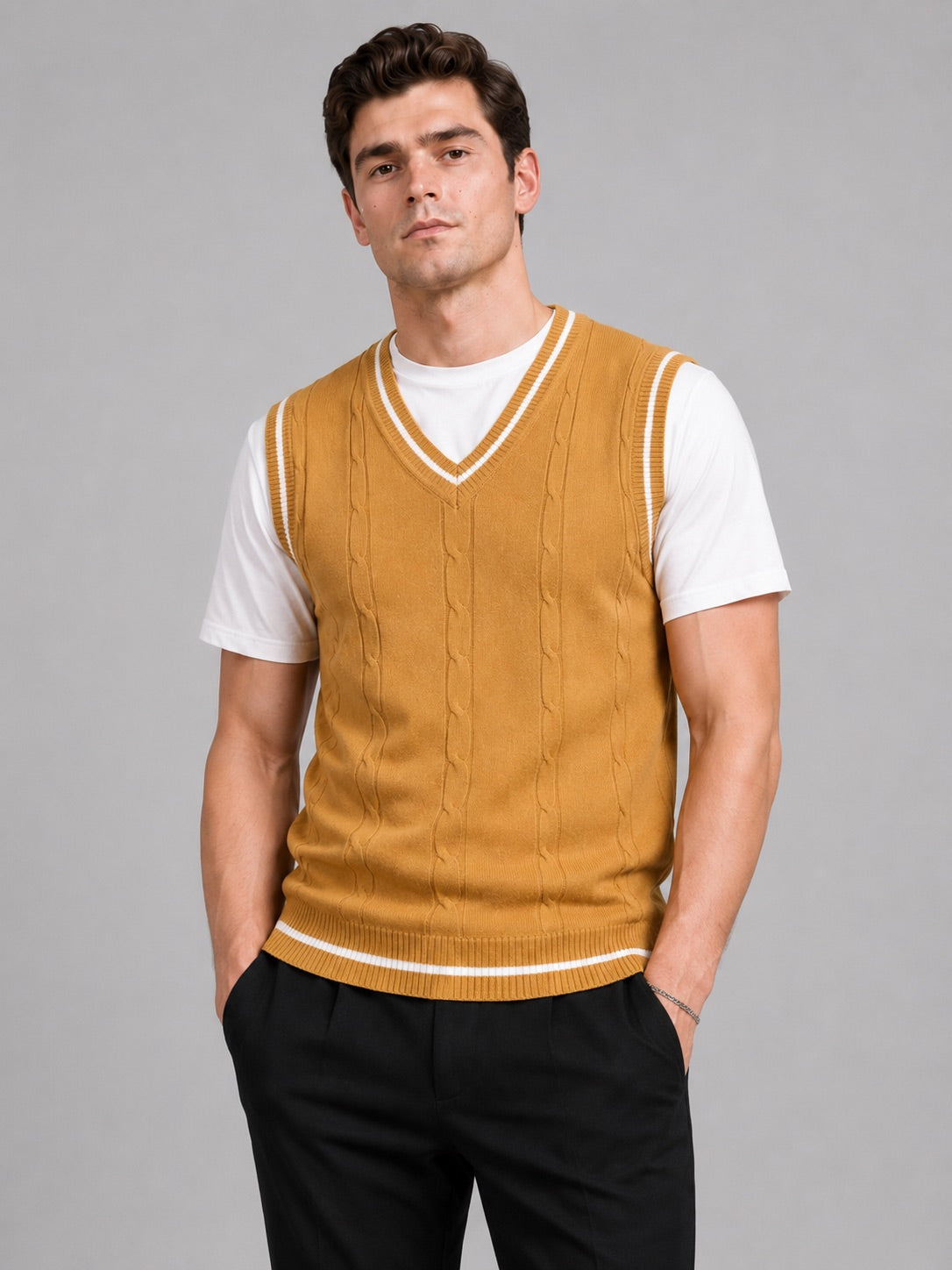 Men’s Sleeveless Jumper V-Neck Slim Fit Patchwork Knit Autumn Winter Layer for Business Casual and Everyday Wear
