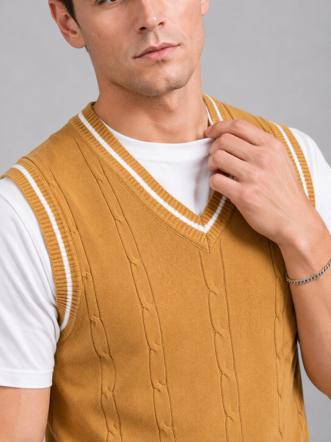 Men’s Sleeveless Jumper V-Neck Slim Fit Patchwork Knit Autumn Winter Layer for Business Casual and Everyday Wear