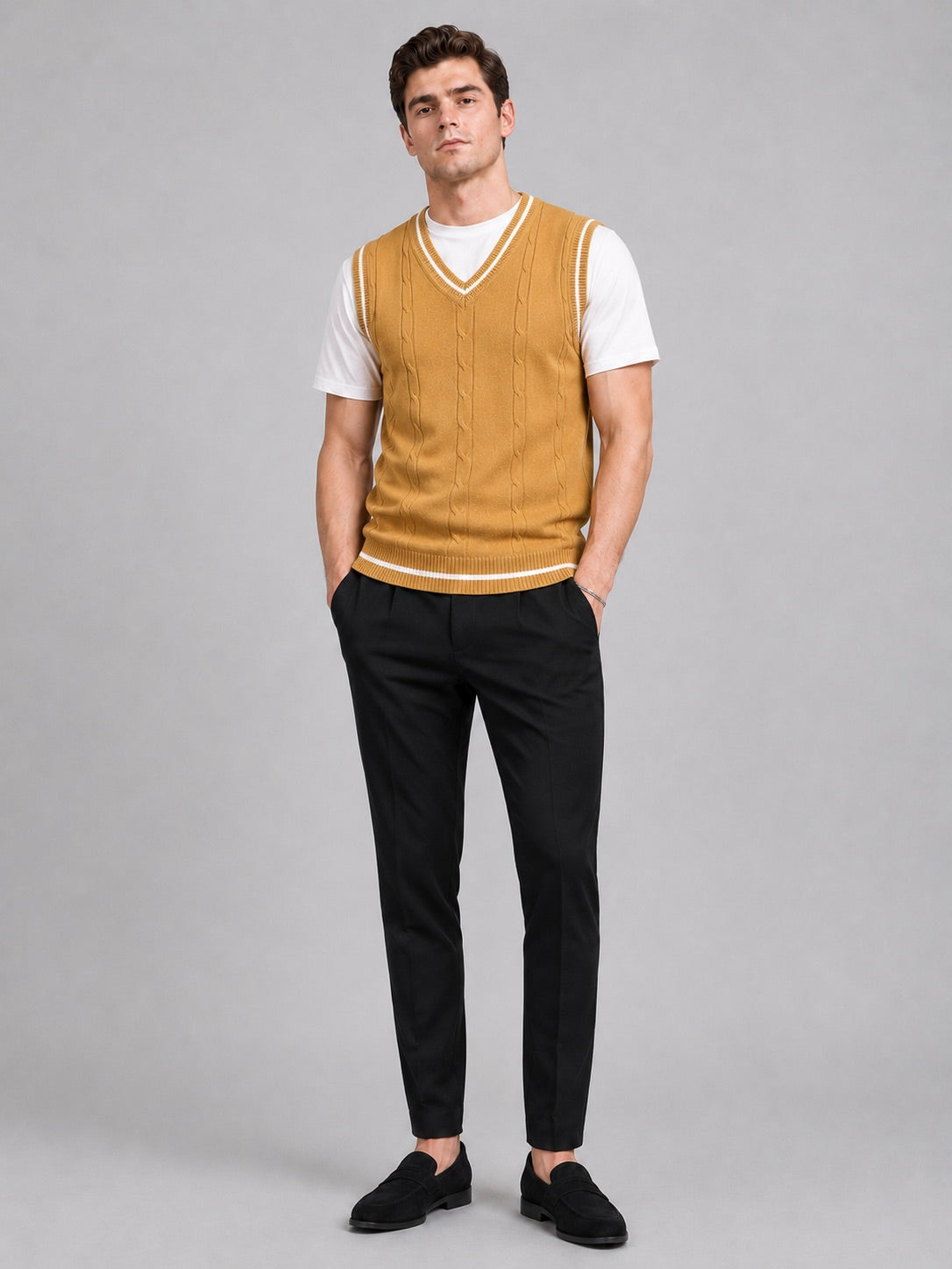 Men’s Sleeveless Jumper V-Neck Slim Fit Patchwork Knit Autumn Winter Layer for Business Casual and Everyday Wear