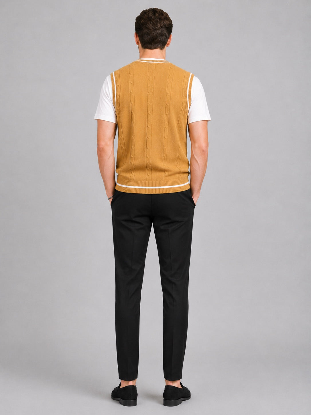Men’s Sleeveless Jumper V-Neck Slim Fit Patchwork Knit Autumn Winter Layer for Business Casual and Everyday Wear