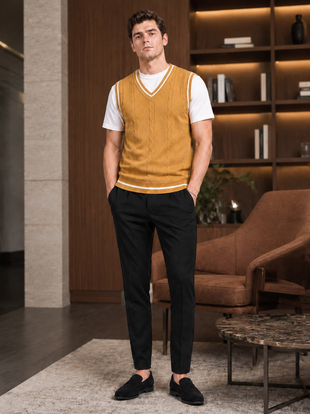 Men’s Sleeveless Jumper V-Neck Slim Fit Patchwork Knit Autumn Winter Layer for Business Casual and Everyday Wear