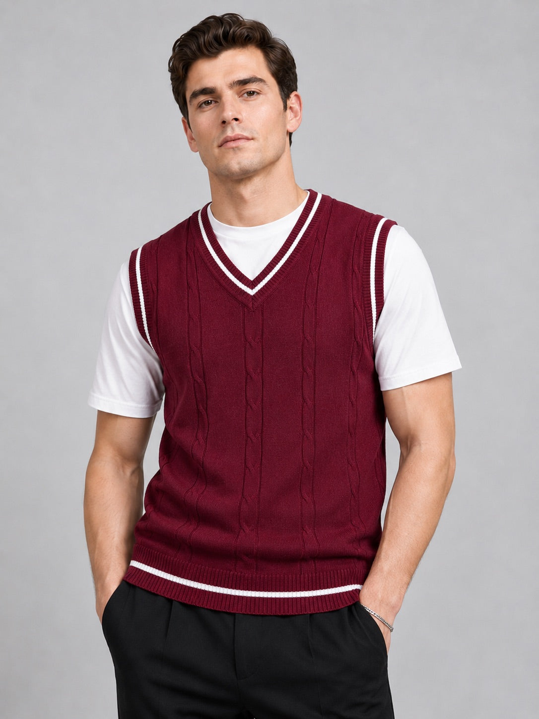 Men’s Sleeveless Jumper V-Neck Slim Fit Patchwork Knit Autumn Winter Layer for Business Casual and Everyday Wear