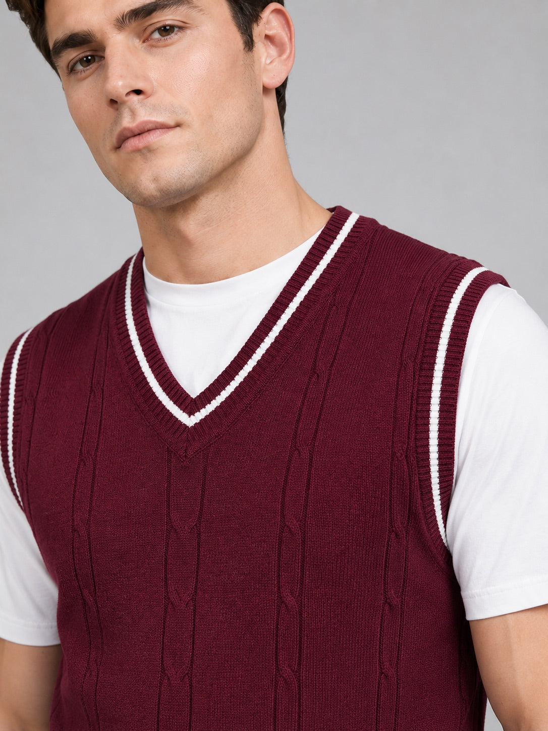 Men’s Sleeveless Jumper V-Neck Slim Fit Patchwork Knit Autumn Winter Layer for Business Casual and Everyday Wear
