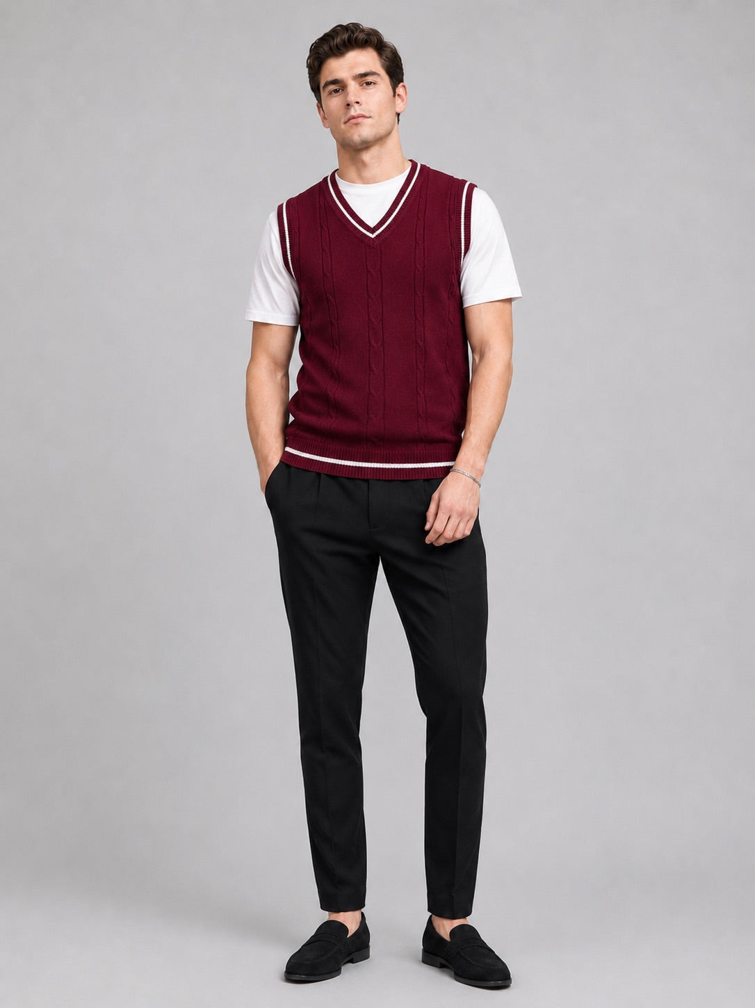 Men’s Sleeveless Jumper V-Neck Slim Fit Patchwork Knit Autumn Winter Layer for Business Casual and Everyday Wear