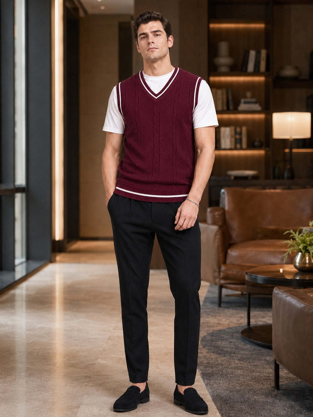 Men’s Sleeveless Jumper V-Neck Slim Fit Patchwork Knit Autumn Winter Layer for Business Casual and Everyday Wear