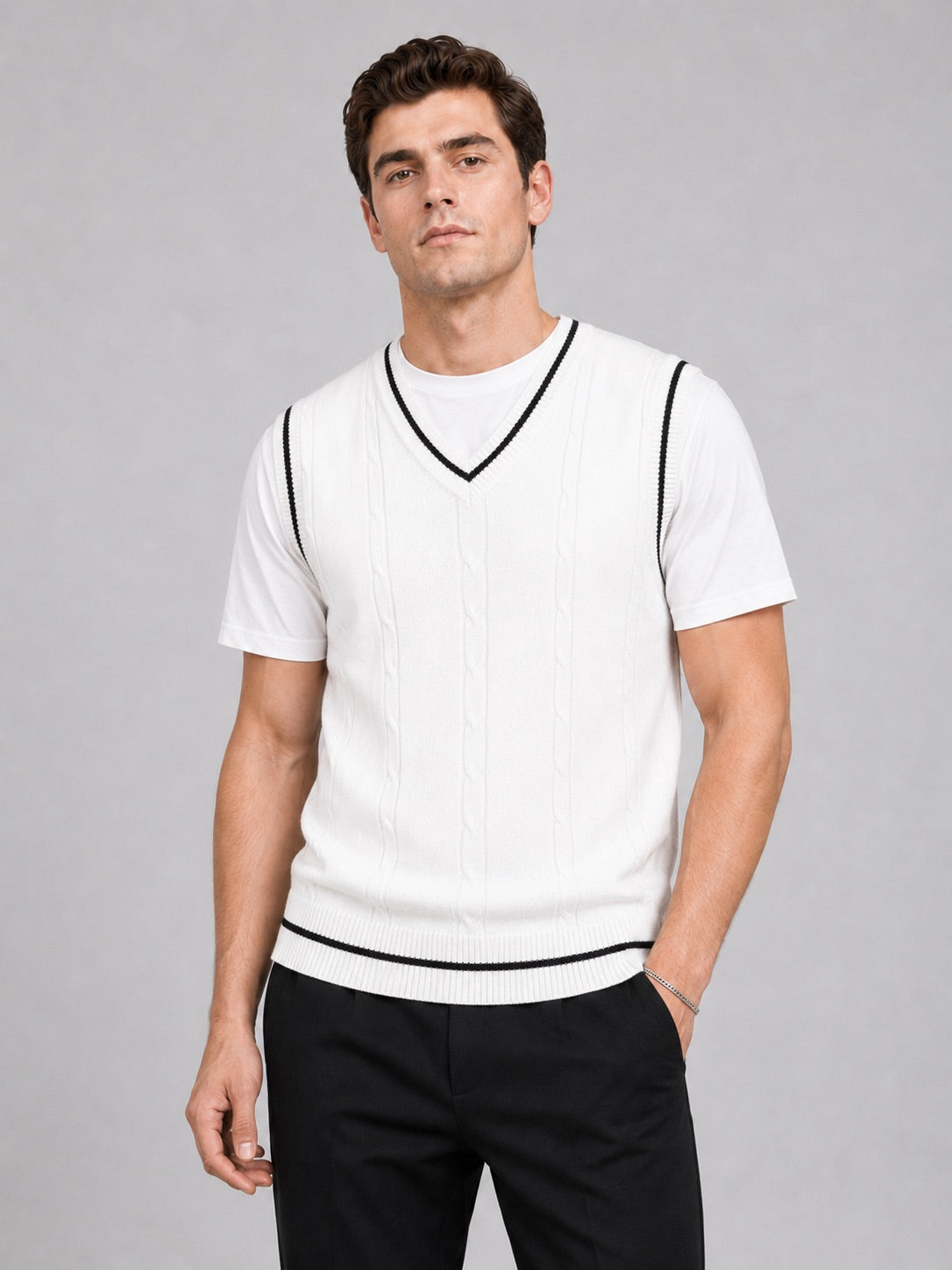 Men’s Sleeveless Jumper V-Neck Slim Fit Patchwork Knit Autumn Winter Layer for Business Casual and Everyday Wear