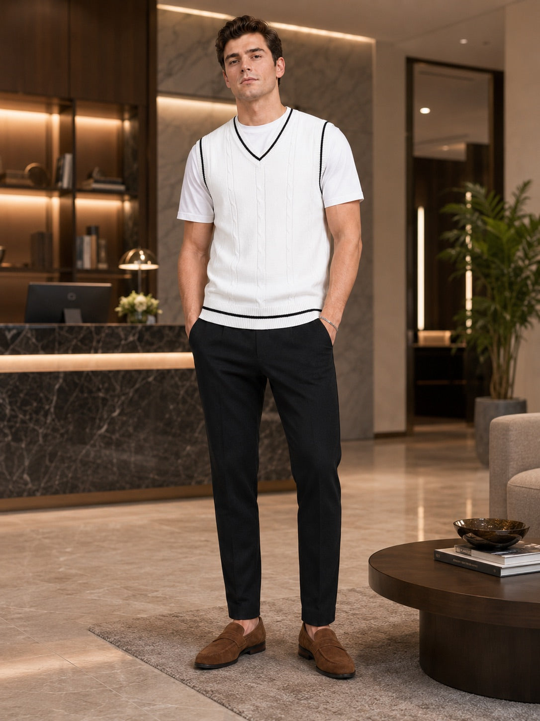 Men’s Sleeveless Jumper V-Neck Slim Fit Patchwork Knit Autumn Winter Layer for Business Casual and Everyday Wear