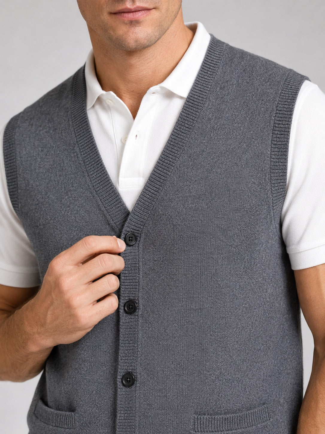 Men’s Knit Sleeveless Jumper V-Neck Button-Up Autumn Winter Layer for Business Casual and Office Wear