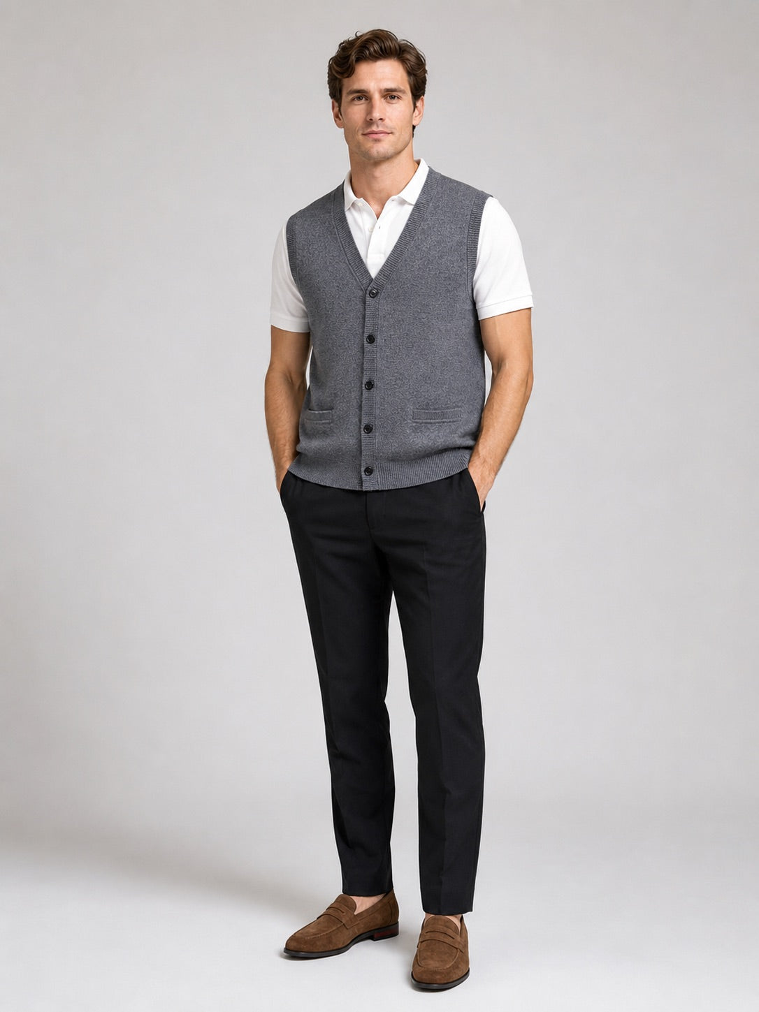 Men’s Knit Sleeveless Jumper V-Neck Button-Up Autumn Winter Layer for Business Casual and Office Wear