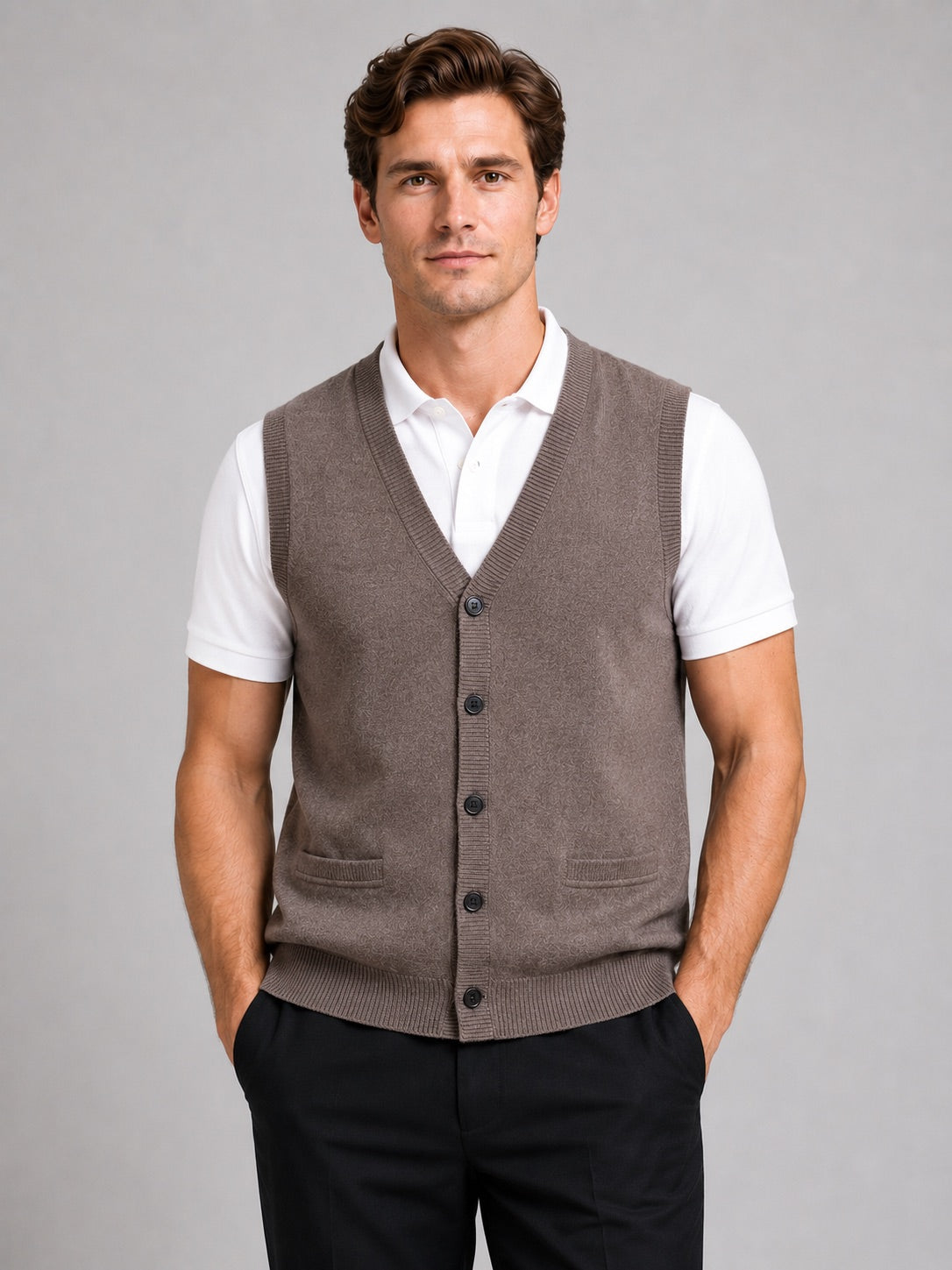 Men’s Knit Sleeveless Jumper V-Neck Button-Up Autumn Winter Layer for Business Casual and Office Wear
