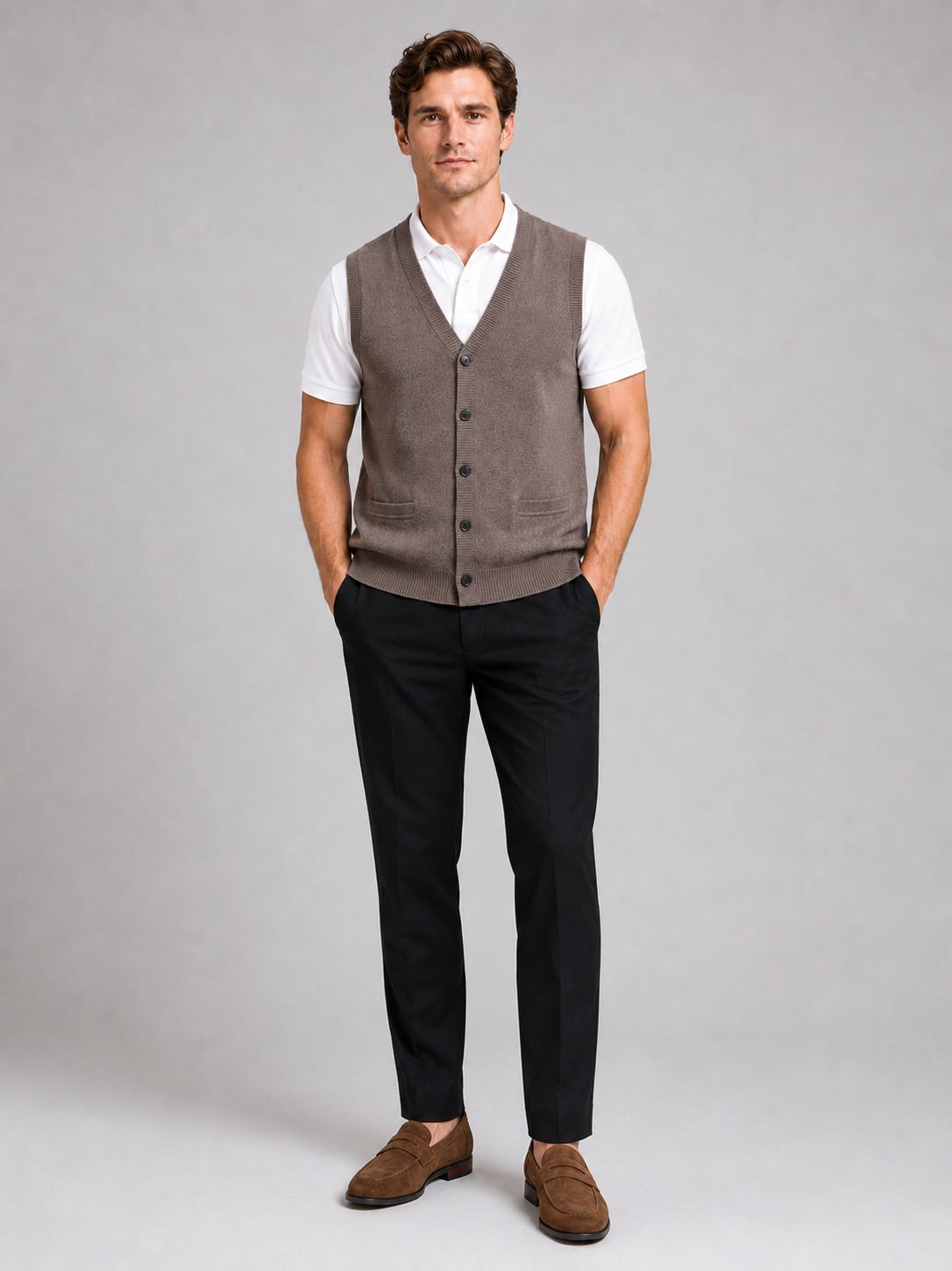 Men’s Knit Sleeveless Jumper V-Neck Button-Up Autumn Winter Layer for Business Casual and Office Wear