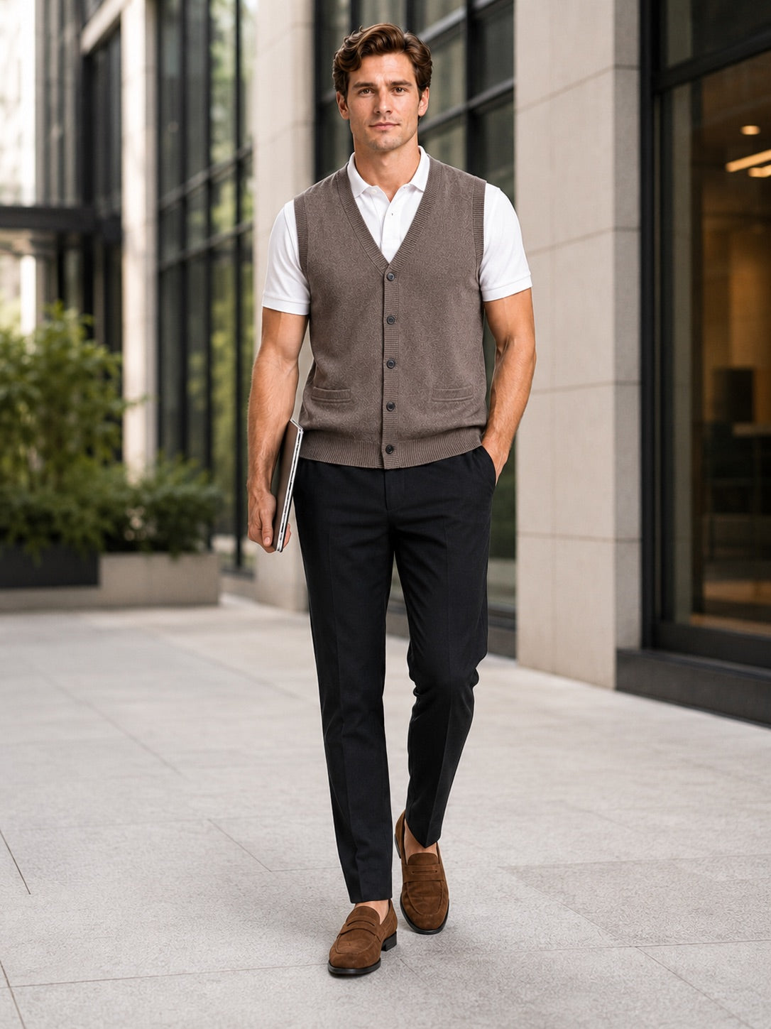 Men’s Knit Sleeveless Jumper V-Neck Button-Up Autumn Winter Layer for Business Casual and Office Wear