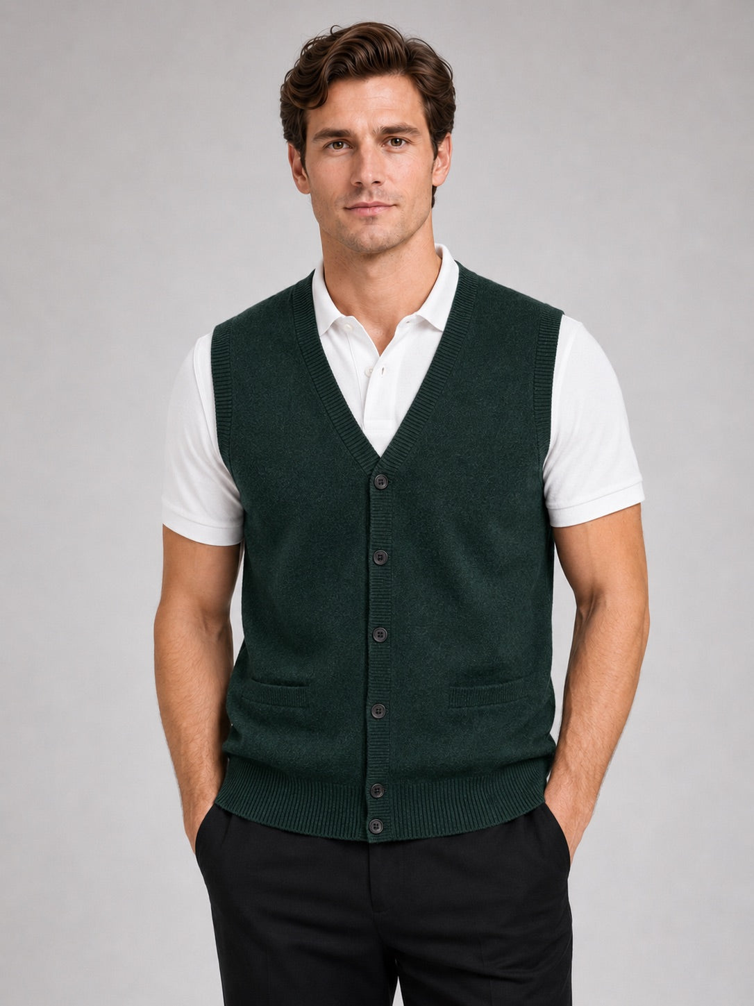 Men’s Knit Sleeveless Jumper V-Neck Button-Up Autumn Winter Layer for Business Casual and Office Wear