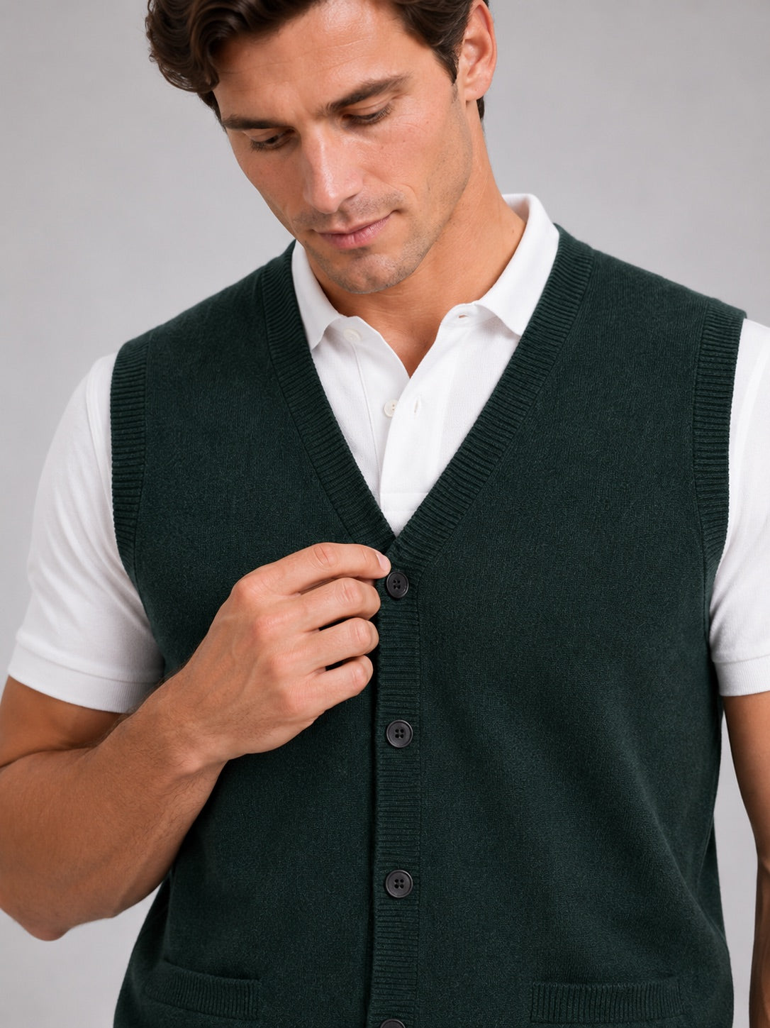 Men’s Knit Sleeveless Jumper V-Neck Button-Up Autumn Winter Layer for Business Casual and Office Wear