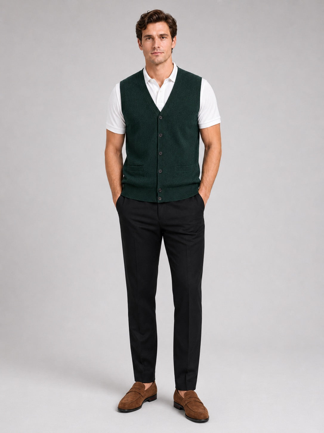 Men’s Knit Sleeveless Jumper V-Neck Button-Up Autumn Winter Layer for Business Casual and Office Wear