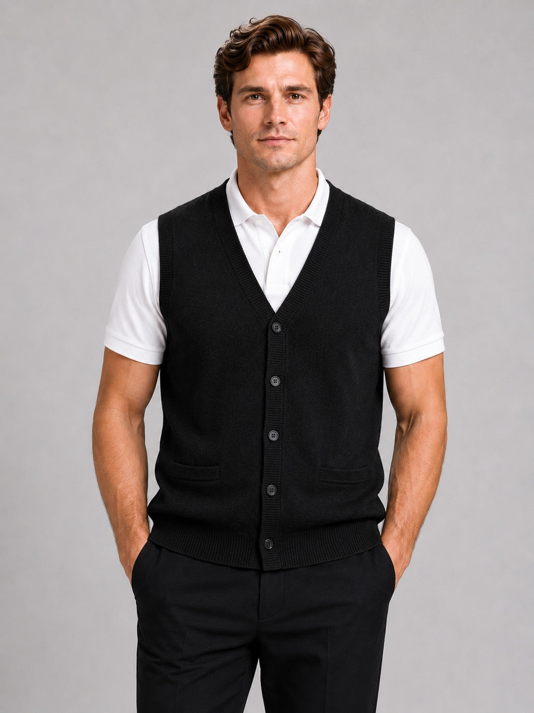 Men’s Knit Sleeveless Jumper V-Neck Button-Up Autumn Winter Layer for Business Casual and Office Wear