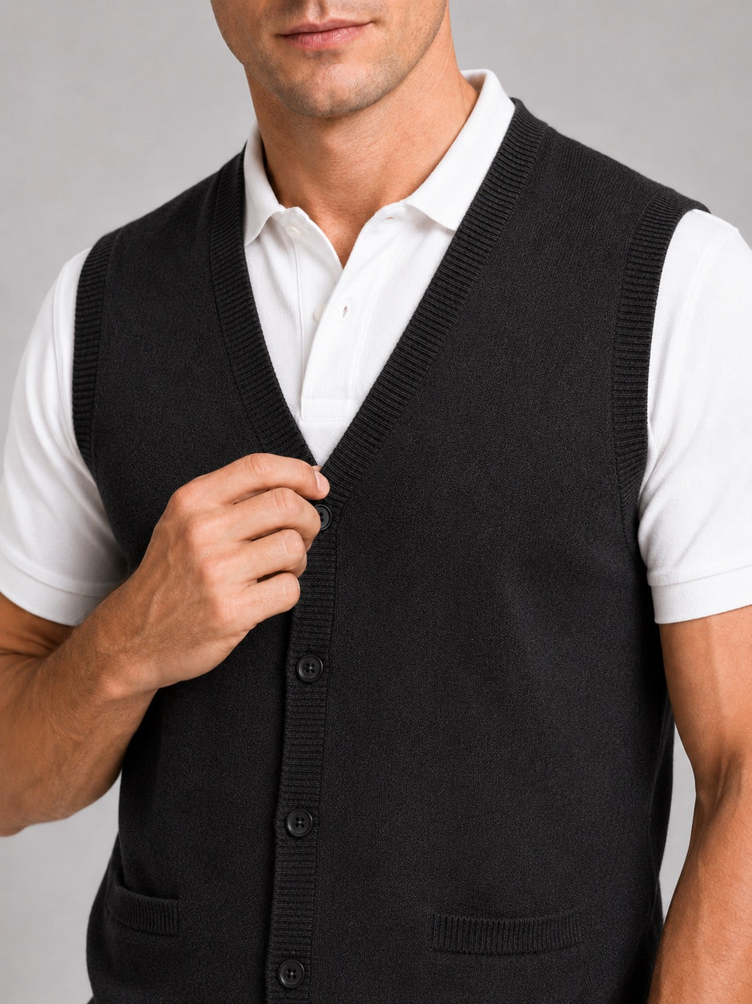 Men’s Knit Sleeveless Jumper V-Neck Button-Up Autumn Winter Layer for Business Casual and Office Wear